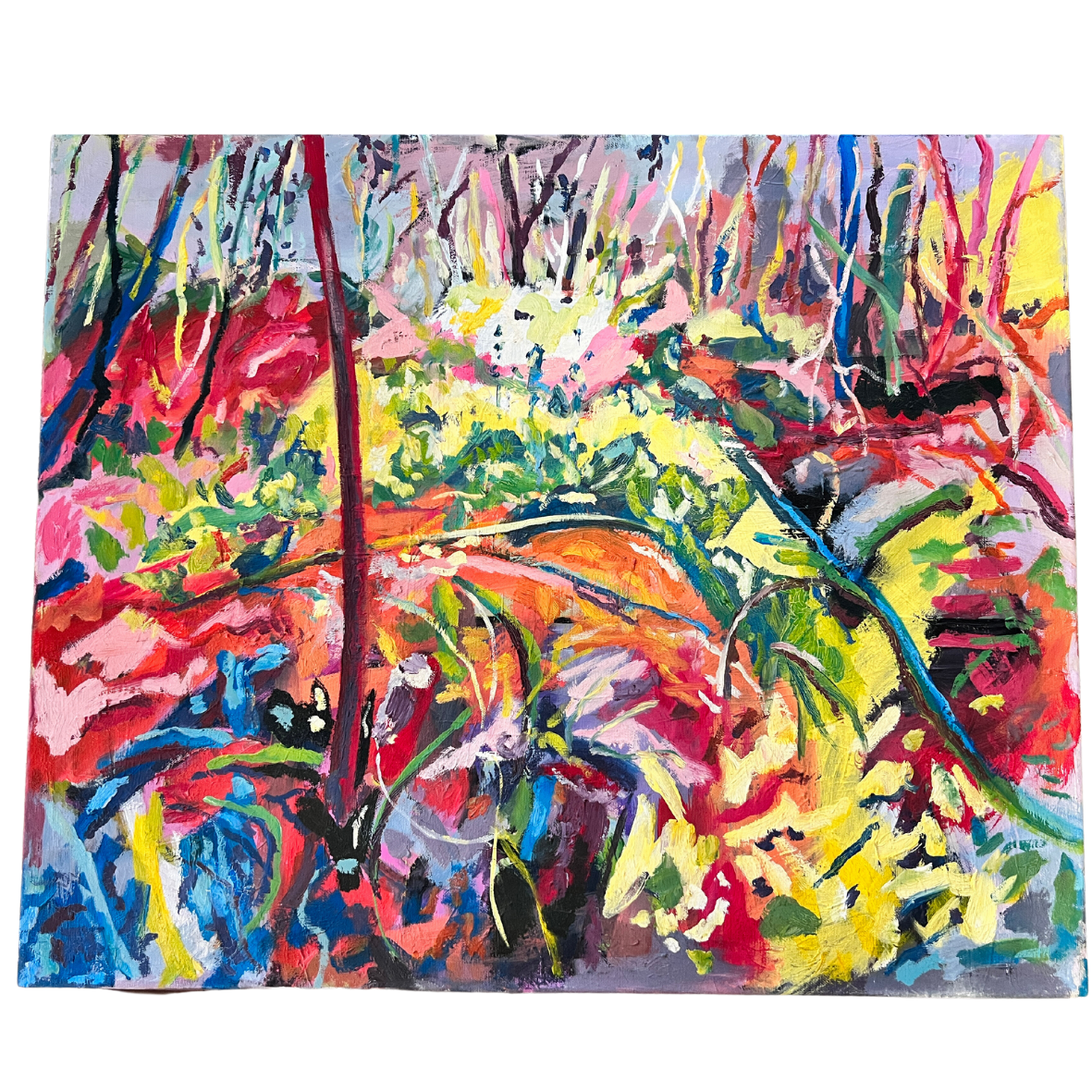 Pintura abstrata colorida em tela com tons de vermelho, amarelo, verde, azul e roxo