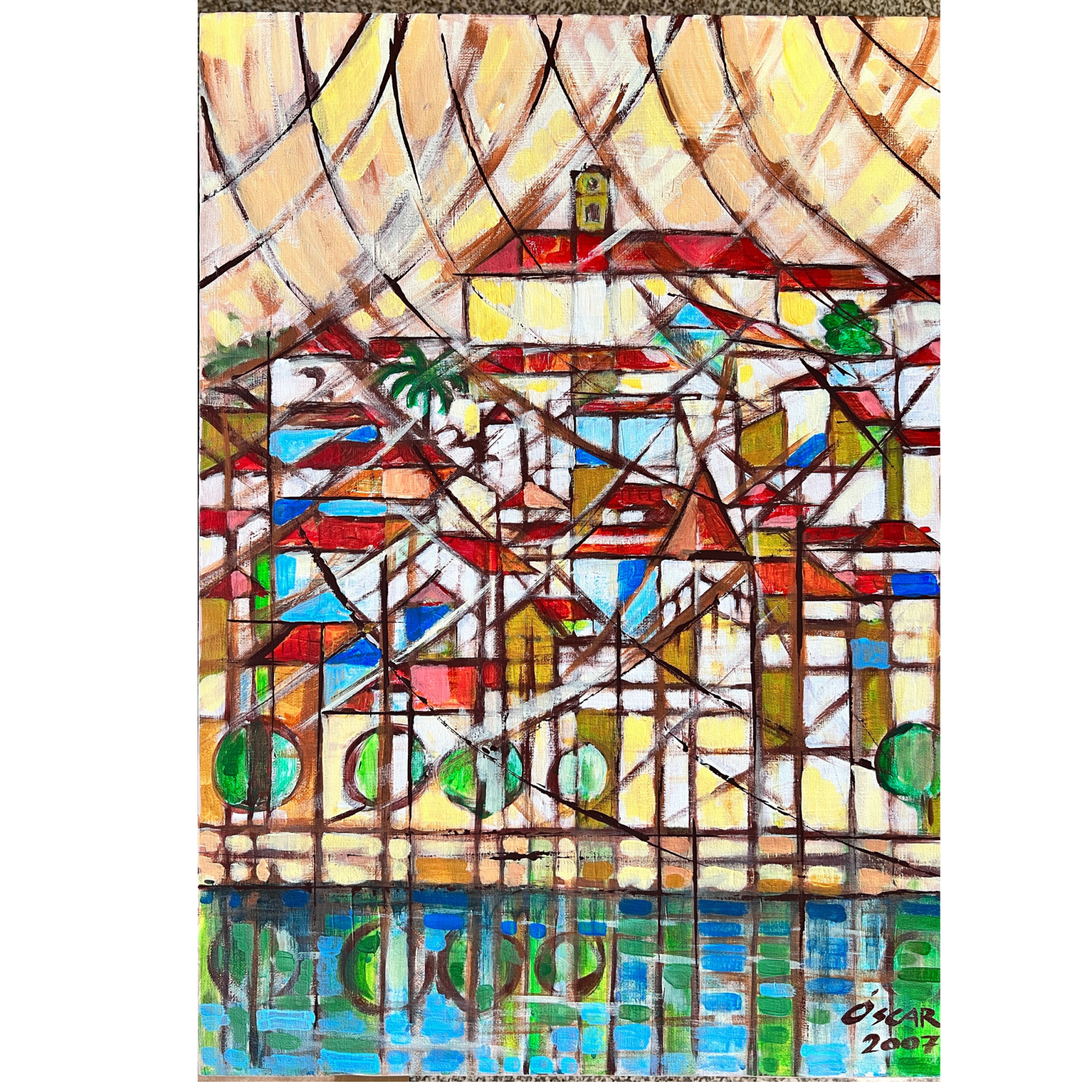 Pintura de paisagem urbana com cúpula e reflexos de água, assinada por Óscar 2007
