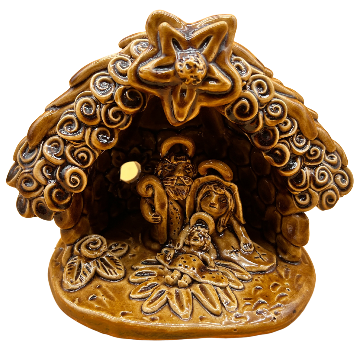 Presépio em cerâmica castanha com figuras de Jesus, Maria, e José