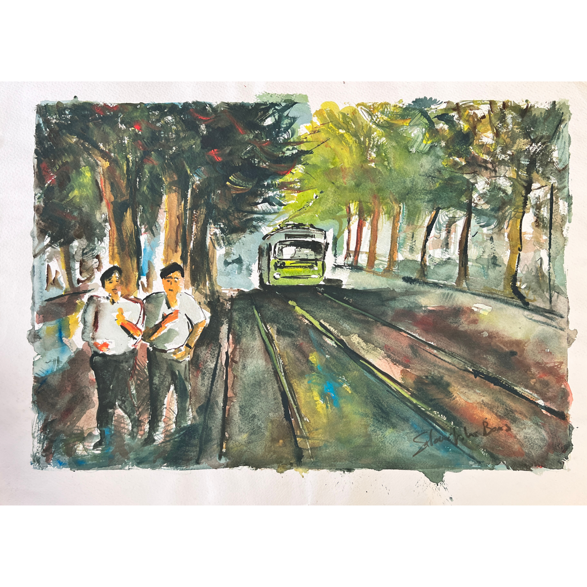 Aquarela de dois homens a caminhar numa rua arborizada com um carro verde ao fundo.