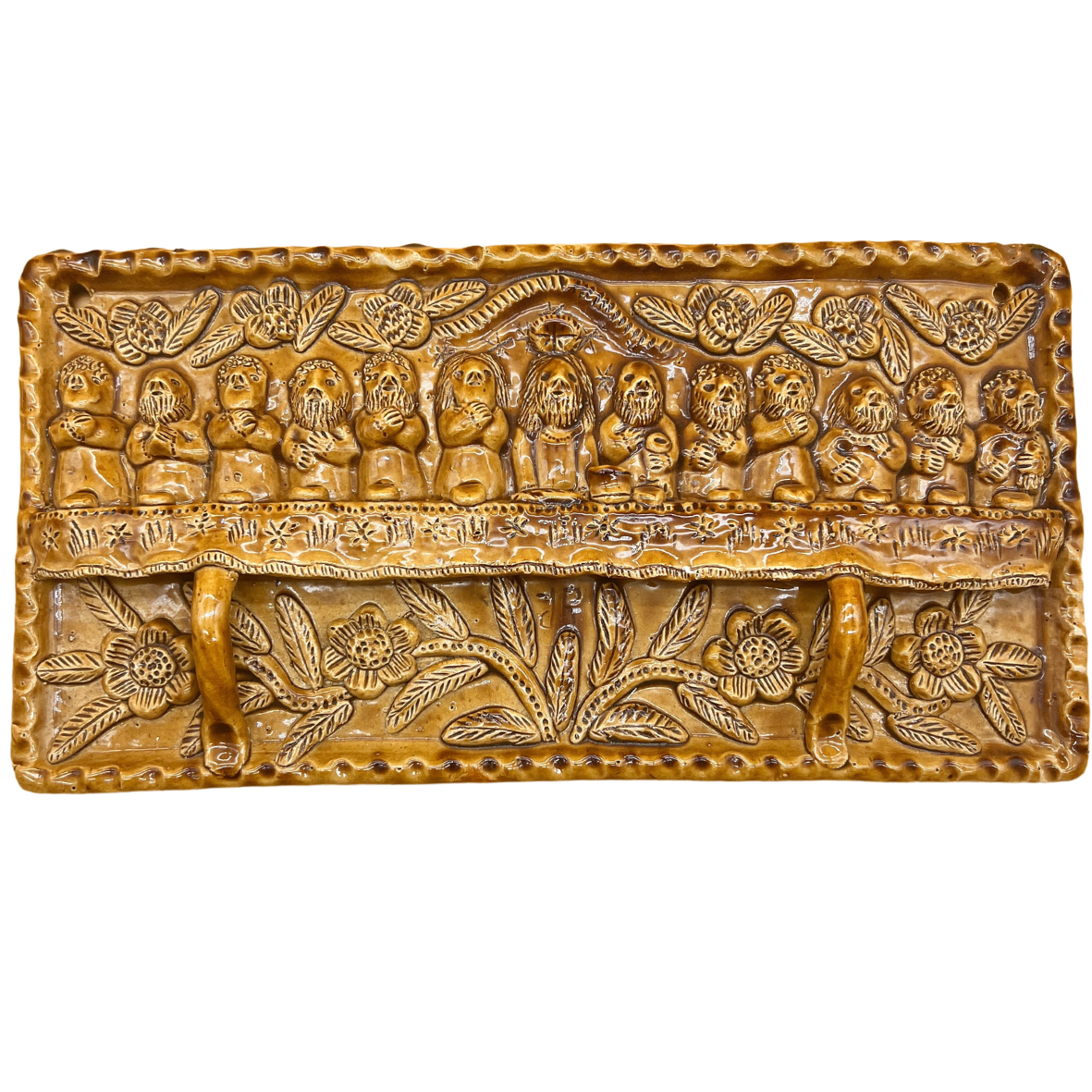 Cabide em cerâmica castanha com relevo da Última Ceia e três ganchos