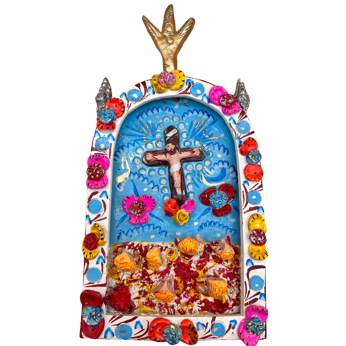 Oratório pintado com cruz, flores e pássaros em fundo azul