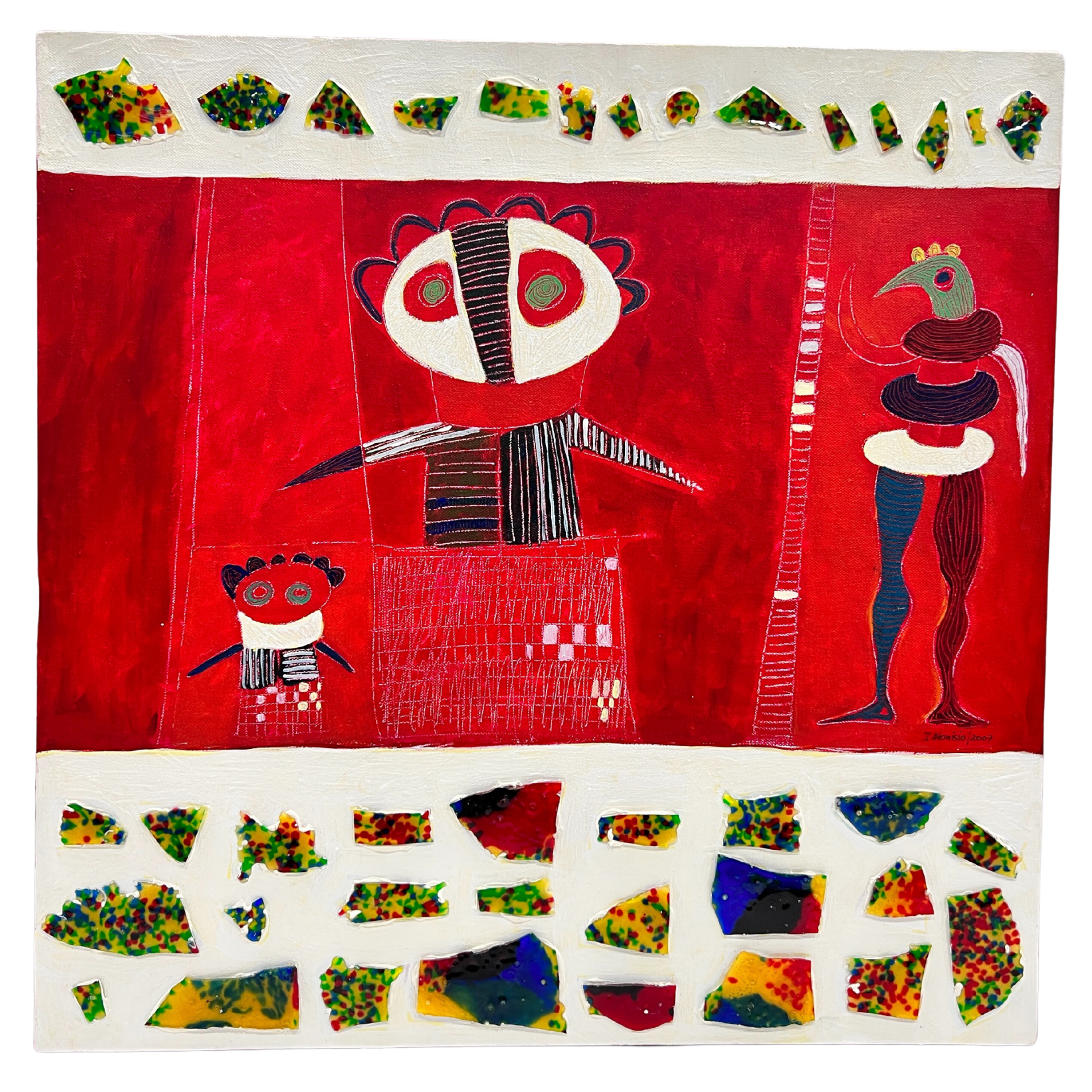 Pintura abstrata com figuras estilizadas em fundo vermelho e detalhes coloridos