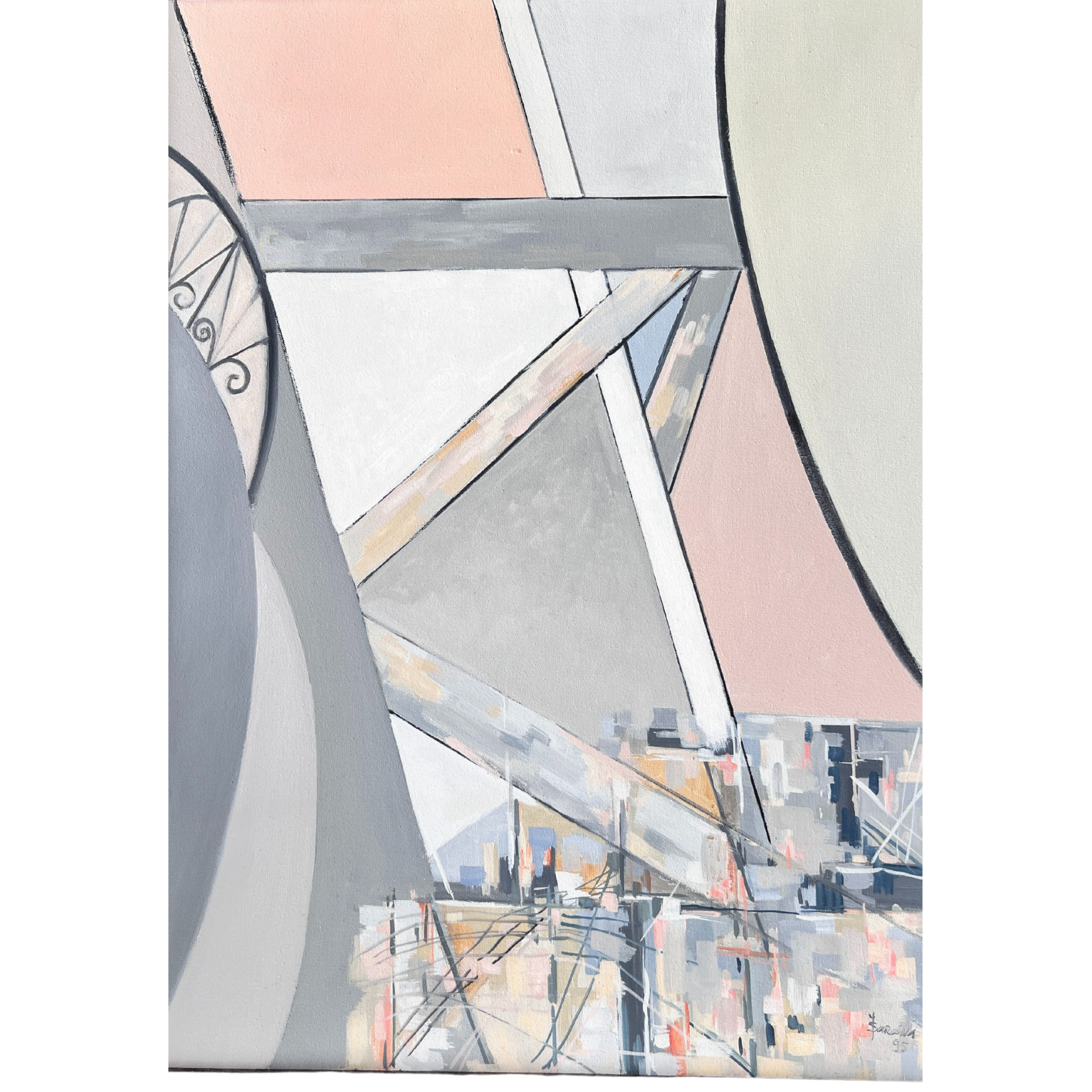 arte abstrata geométrica em tons cinza, branco e rosa com detalhes urbanos