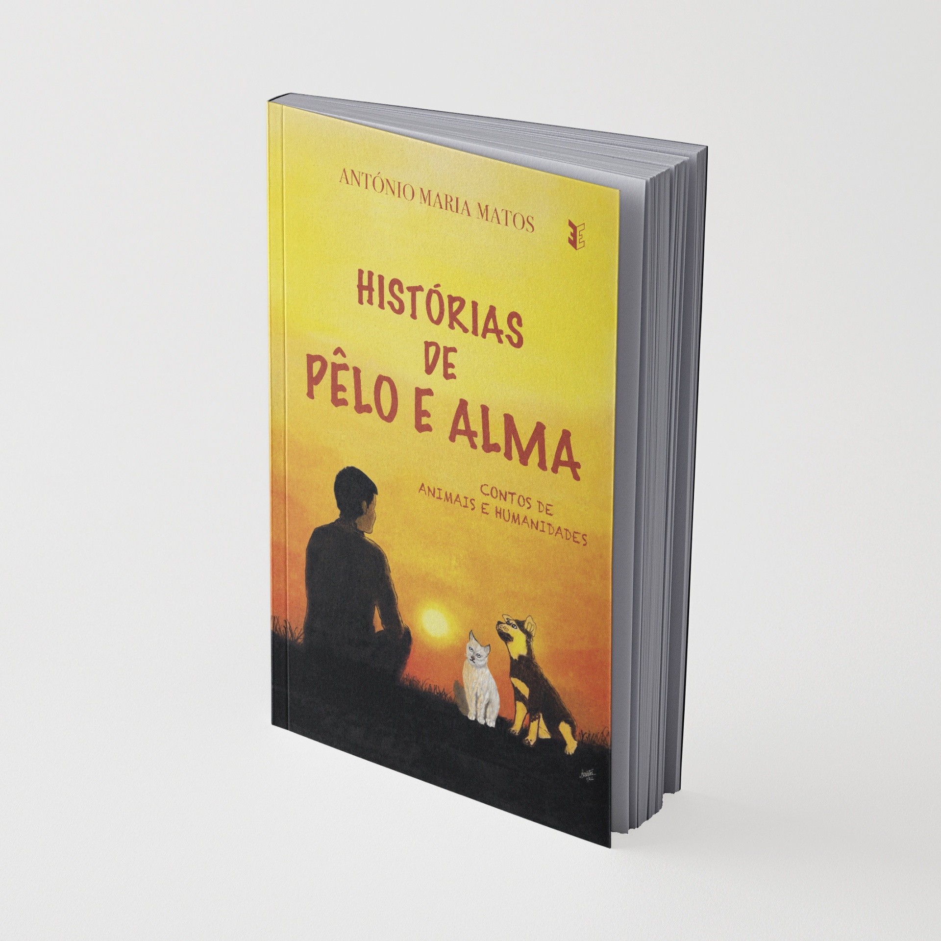 Livro amarelo com título Histórias de Pêlo e Alma e ilustração de homem, gato e cão ao pôr do sol