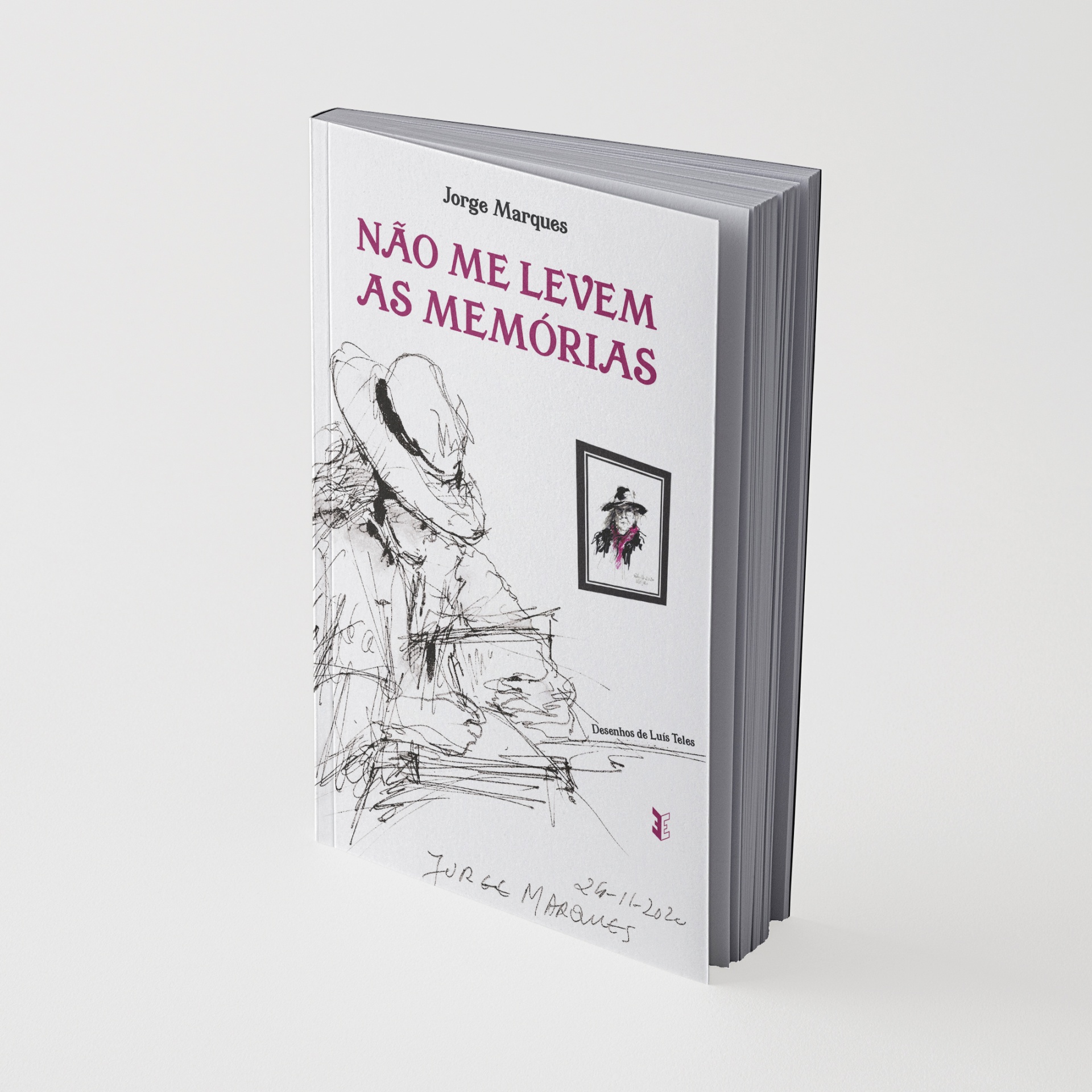 Livro NÃO ME LEVEM AS MEMÓRIAS capa branca com ilustração de homem a traço e assinatura.