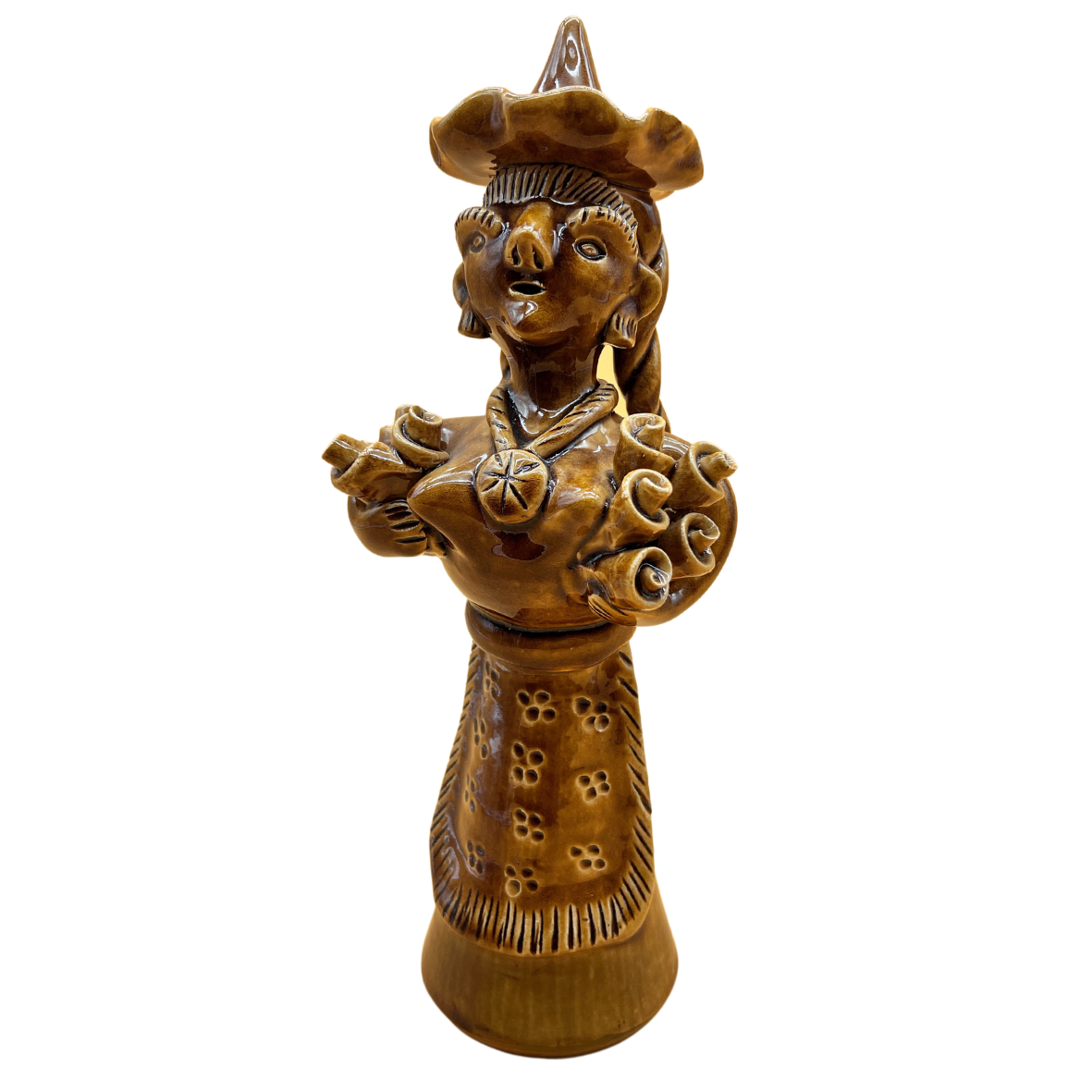 Estátua decorativa em cerâmica de figura feminina castanha com vestido e chapéu