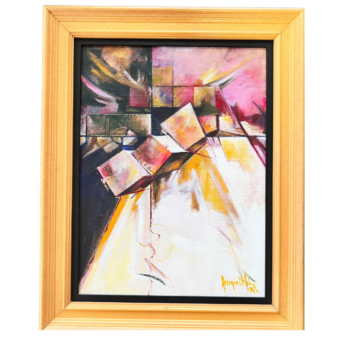 Quadro abstrato colorido com moldura de madeira clara