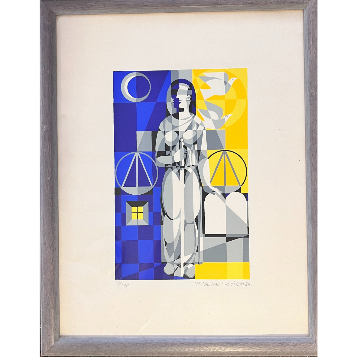 Pintura geométrica com figura humana em tons de azul, amarelo, branco e cinza em moldura cinza.