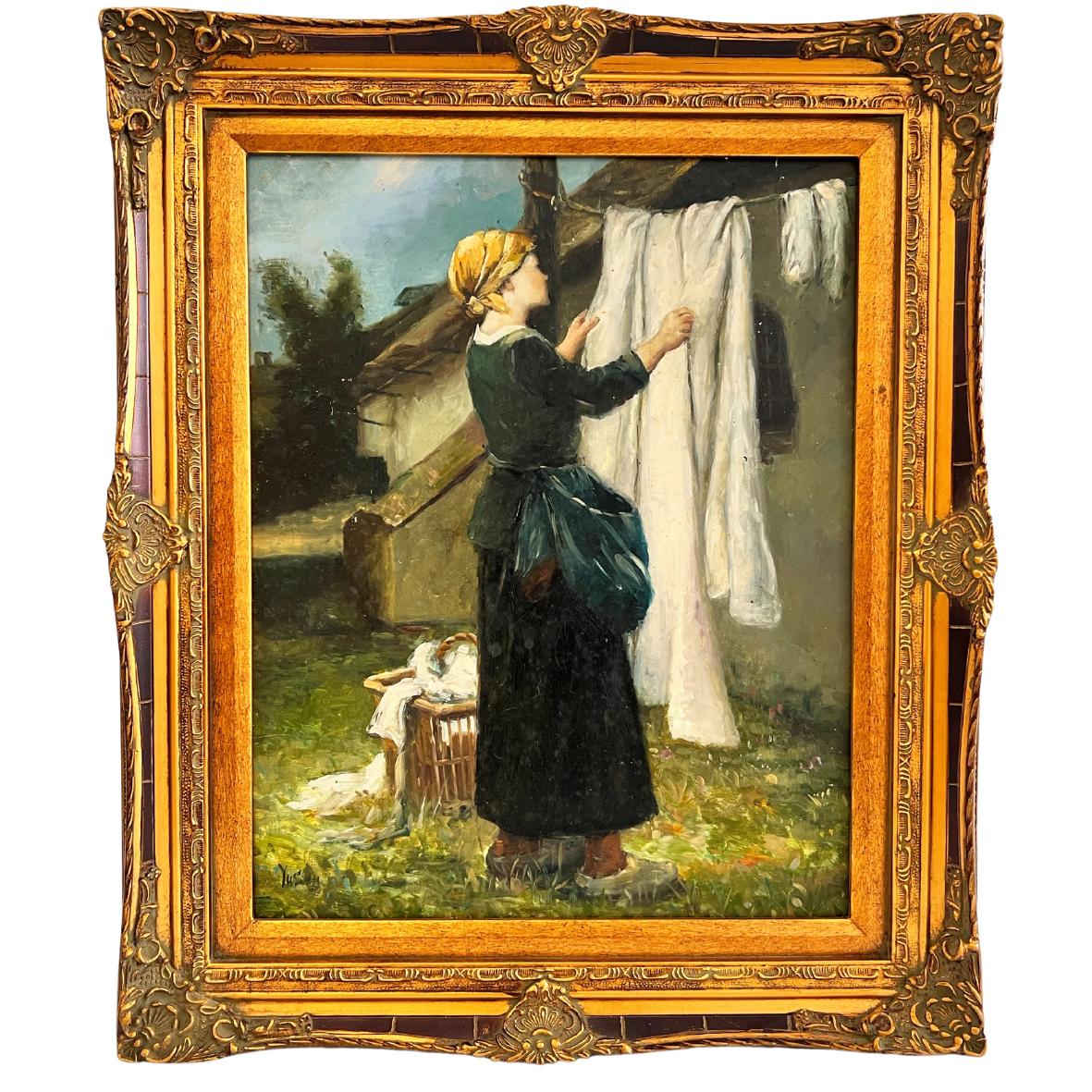Pintura a óleo de mulher a estender roupa branca, com moldura dourada ornamentada