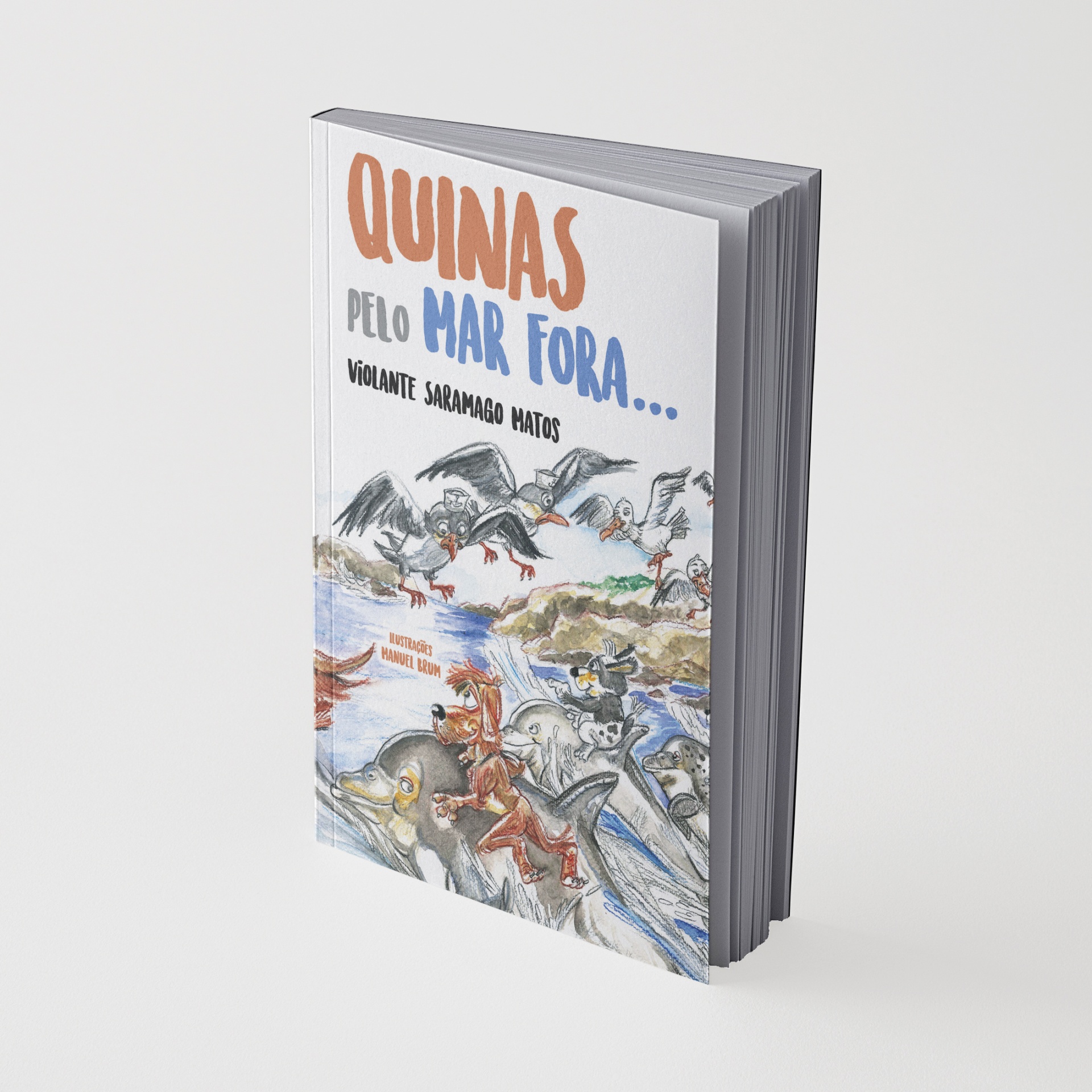 Livro com capa branca, ilustração de aves e texto QUINAS pelo MAR FORA...