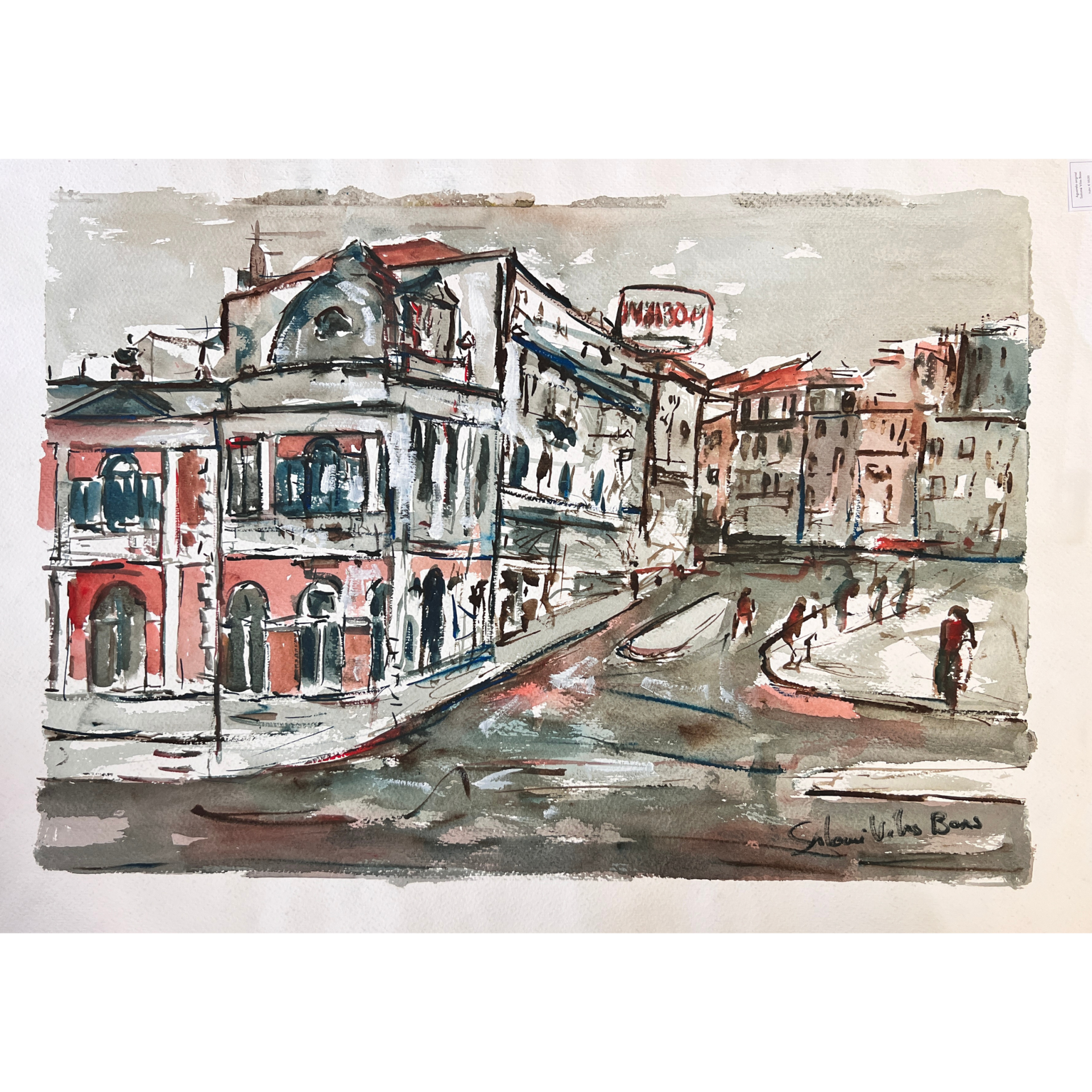 Pintura aguarela de rua urbana com edifícios e pessoas