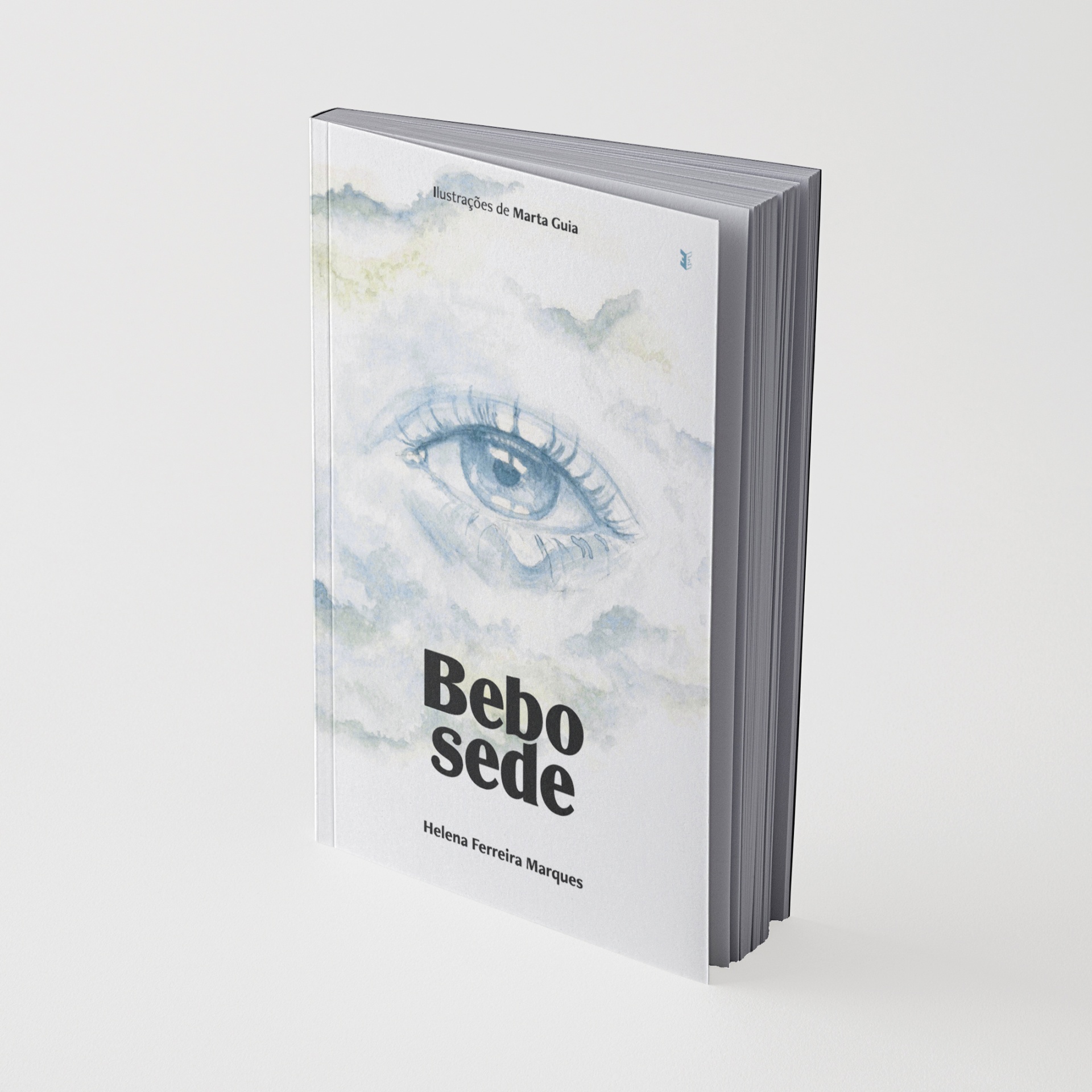 Livro com ilustração de olho em tons azuis e texto Bebo sede na capa