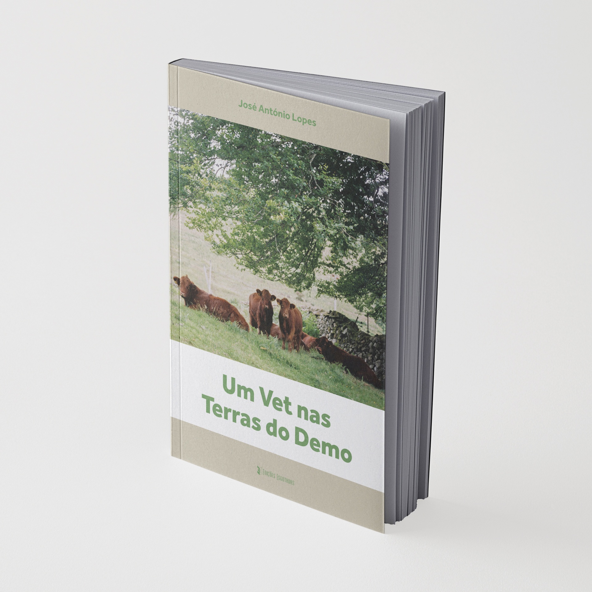 Livro com vacas em paisagem verde e texto Um Vet nas Terras do Demo