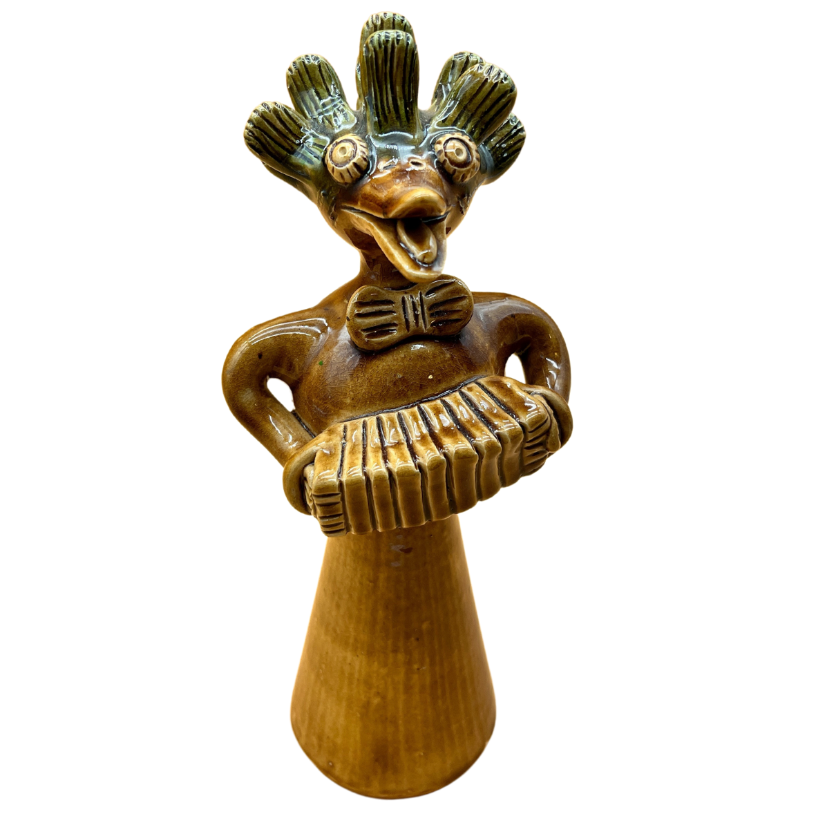 Figura decorativa em cerâmica castanha e verde com acordeão