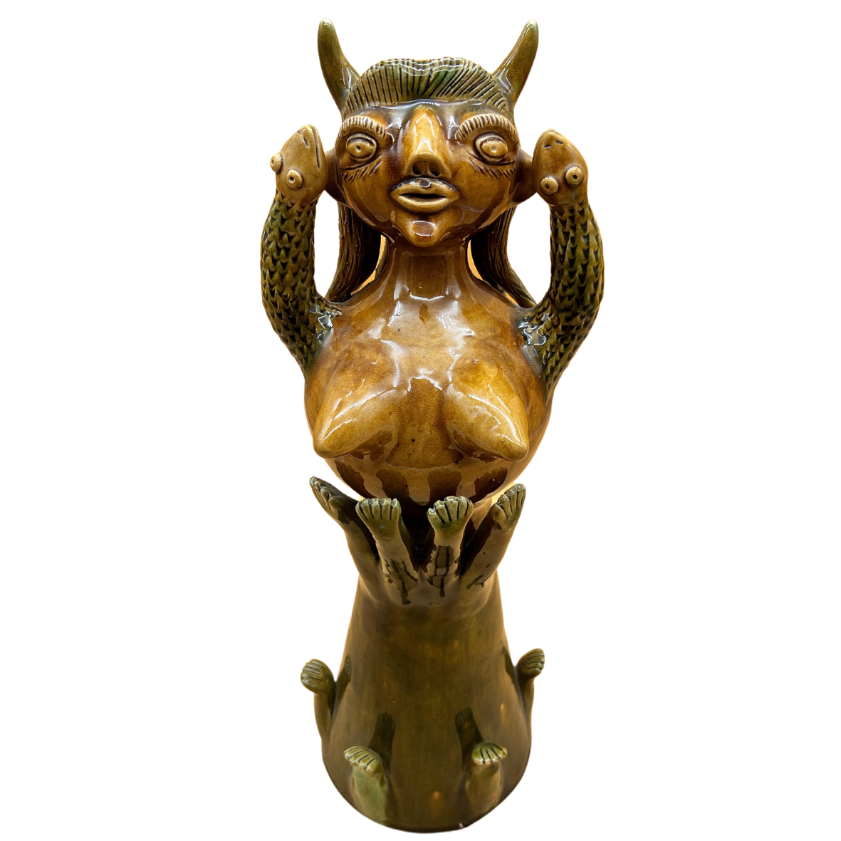 Escultura artística em cerâmica vidrada figura feminina com chifres e braços levantados