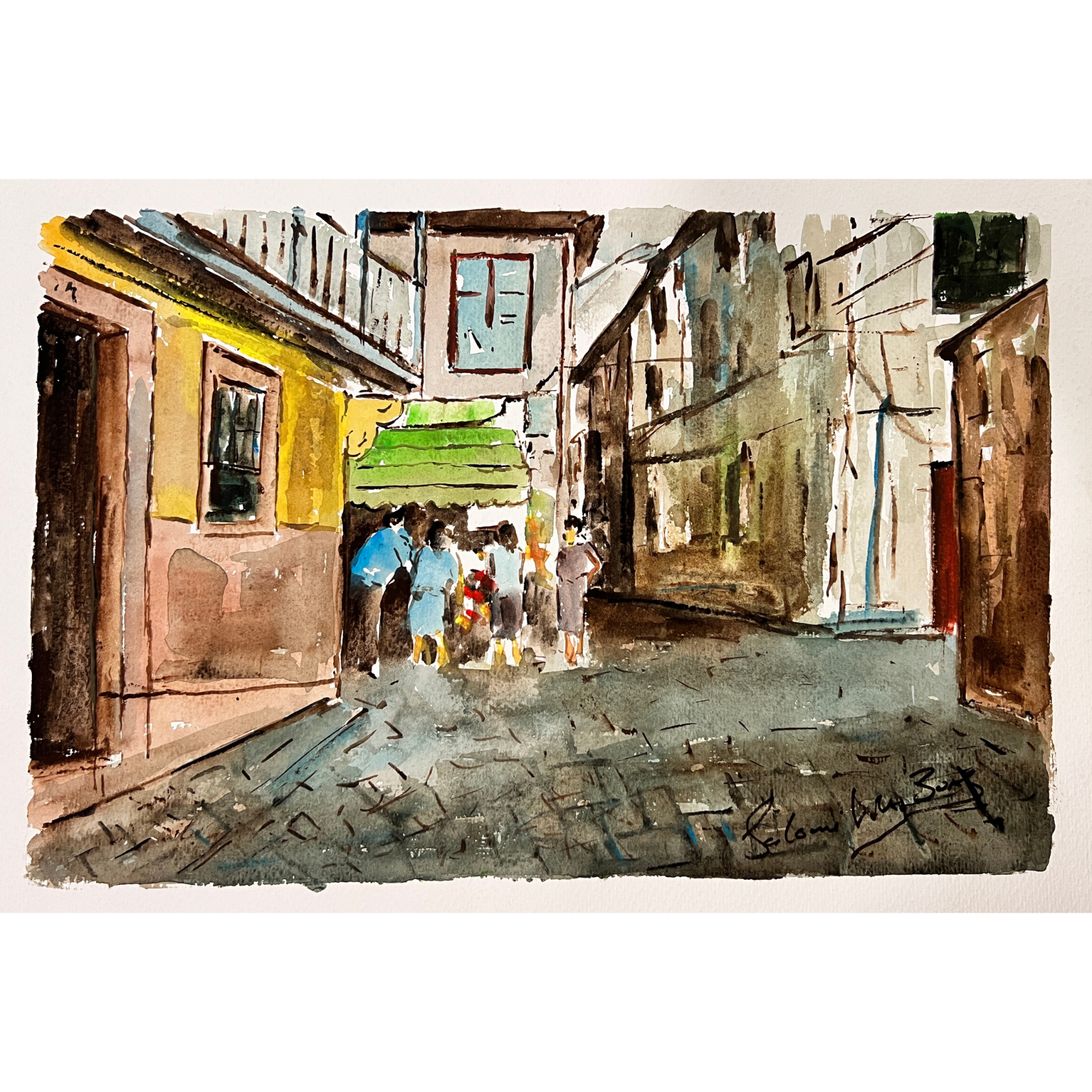 Pintura em aquarela de uma rua com edifícios e pessoas