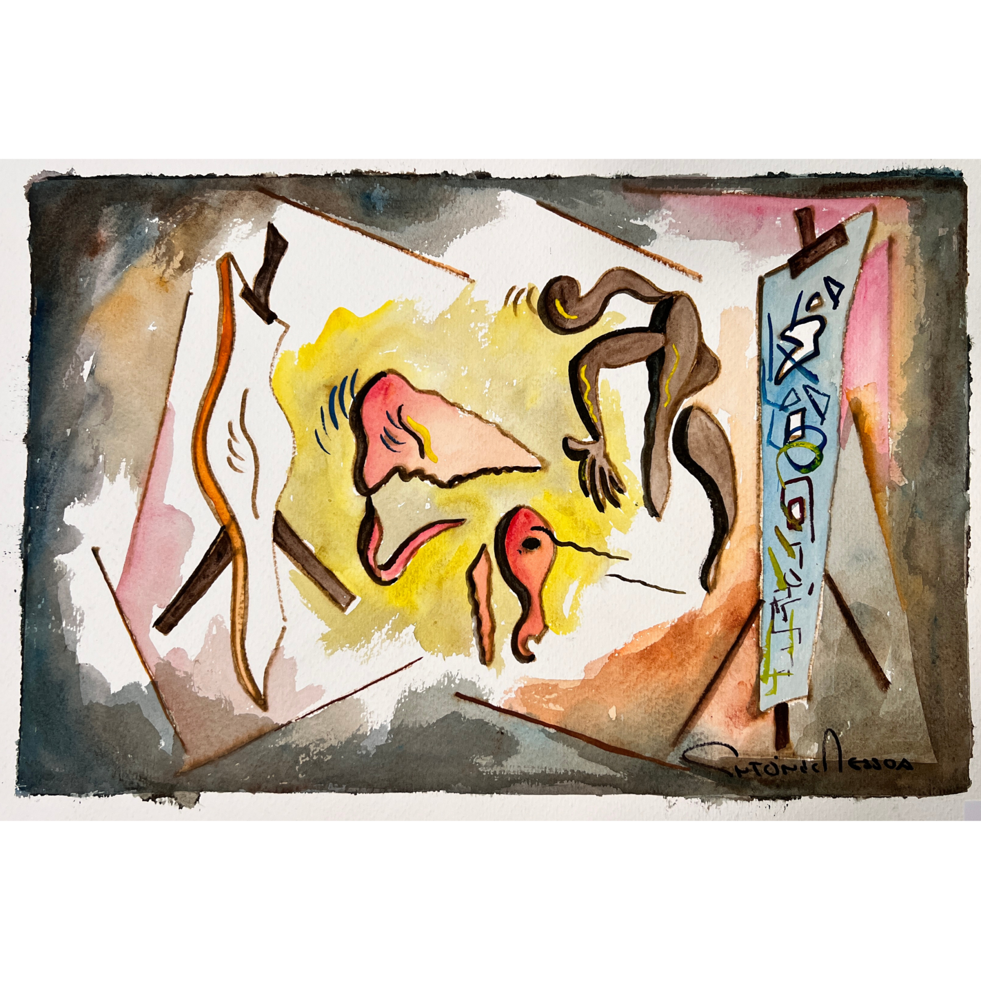 Pintura abstrata com formas orgânicas e cores variadas, incluindo alvo com setas.