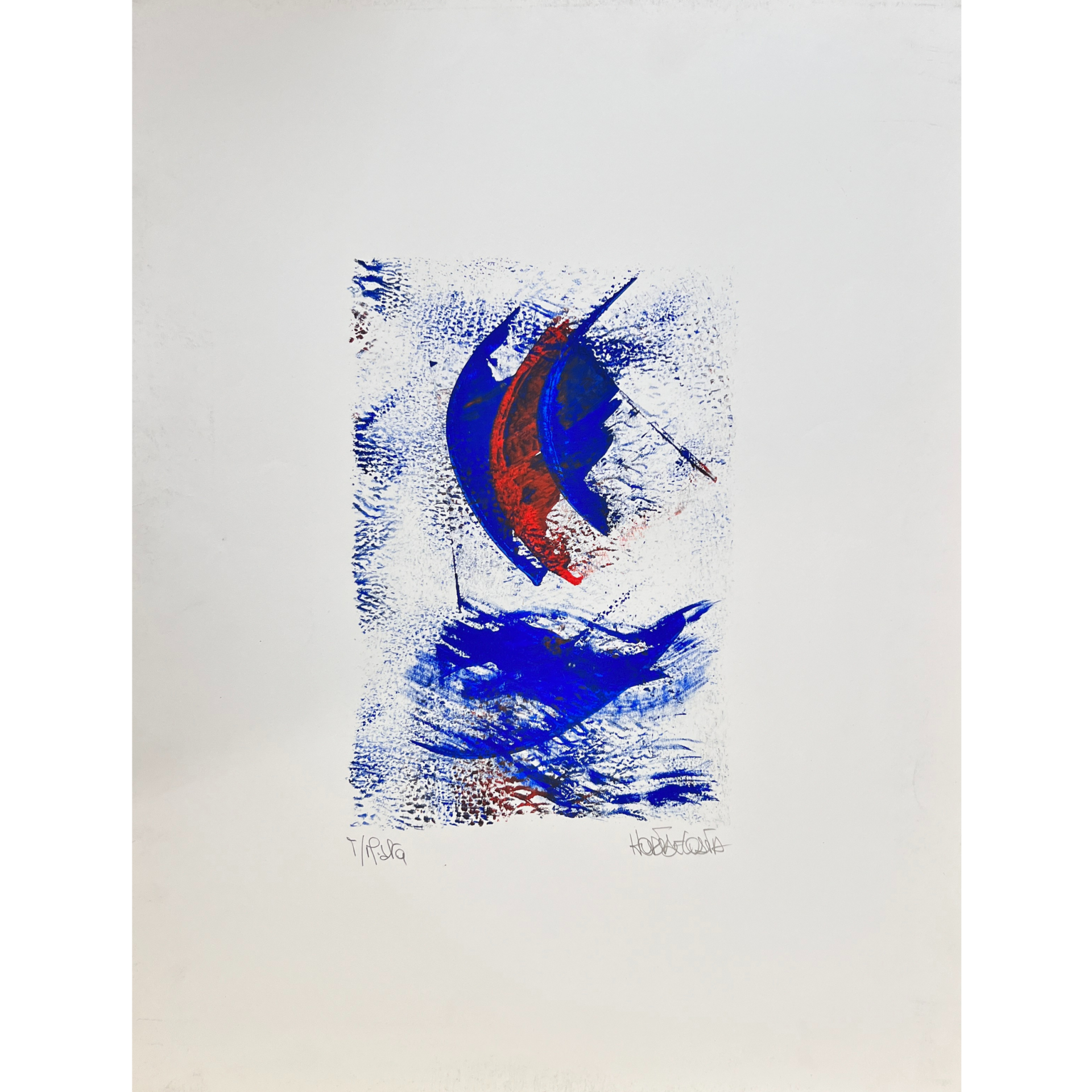 Gravura abstrata azul e vermelho com assinatura e números