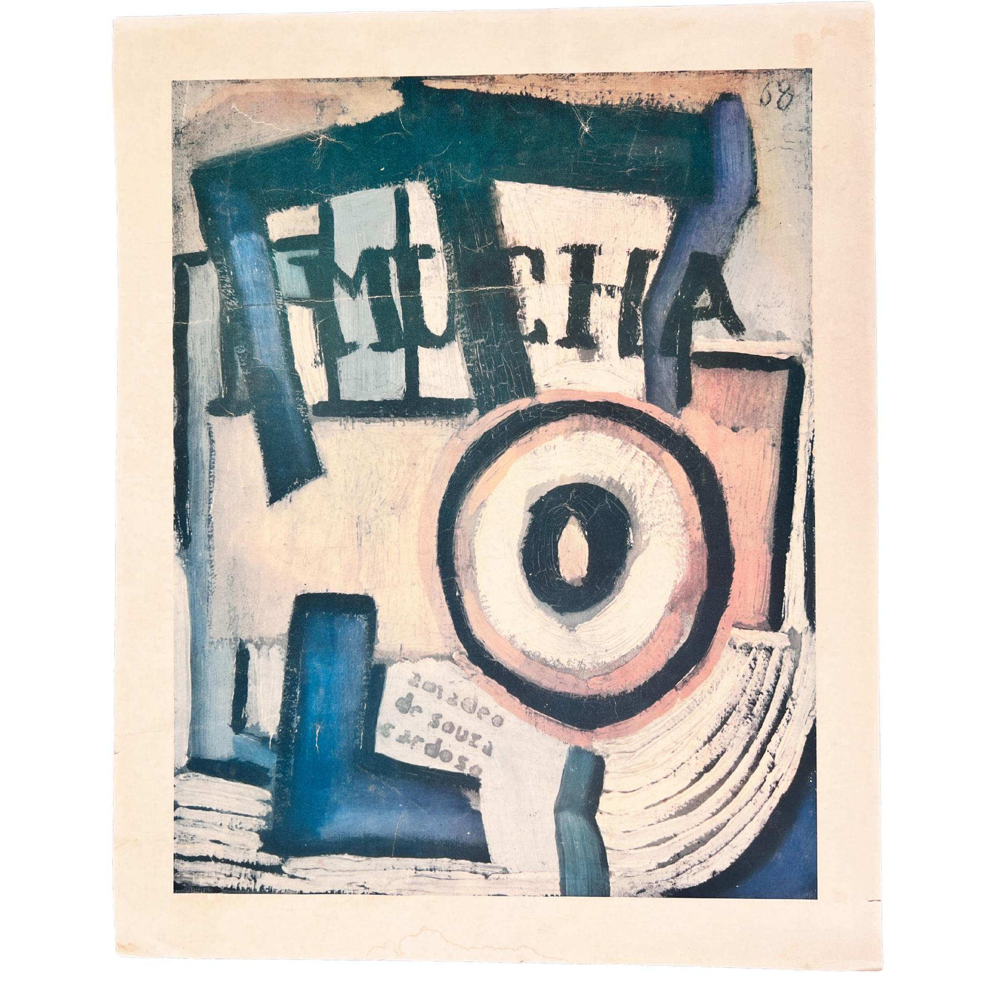 Pintura abstrata com texto parcial MUCHA e formas geométricas coloridas