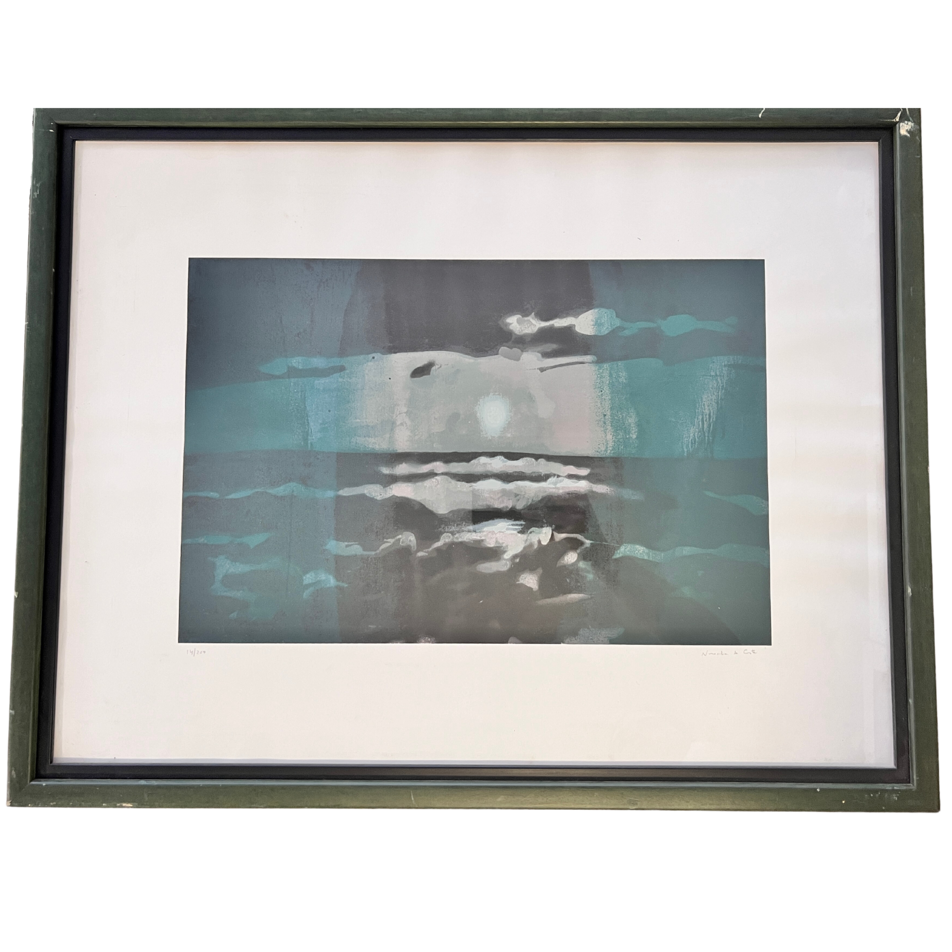 Quadro com gravura abstrata em tons azulados, moldura verde