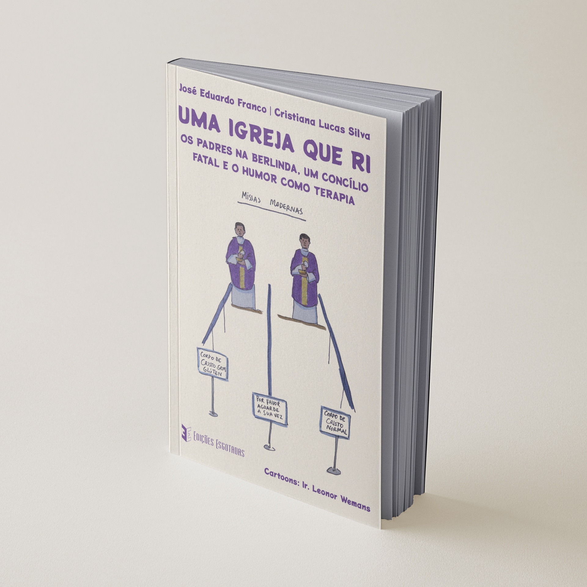 Livro branco com título e ilustração em roxo sobre padres e humor na igreja.