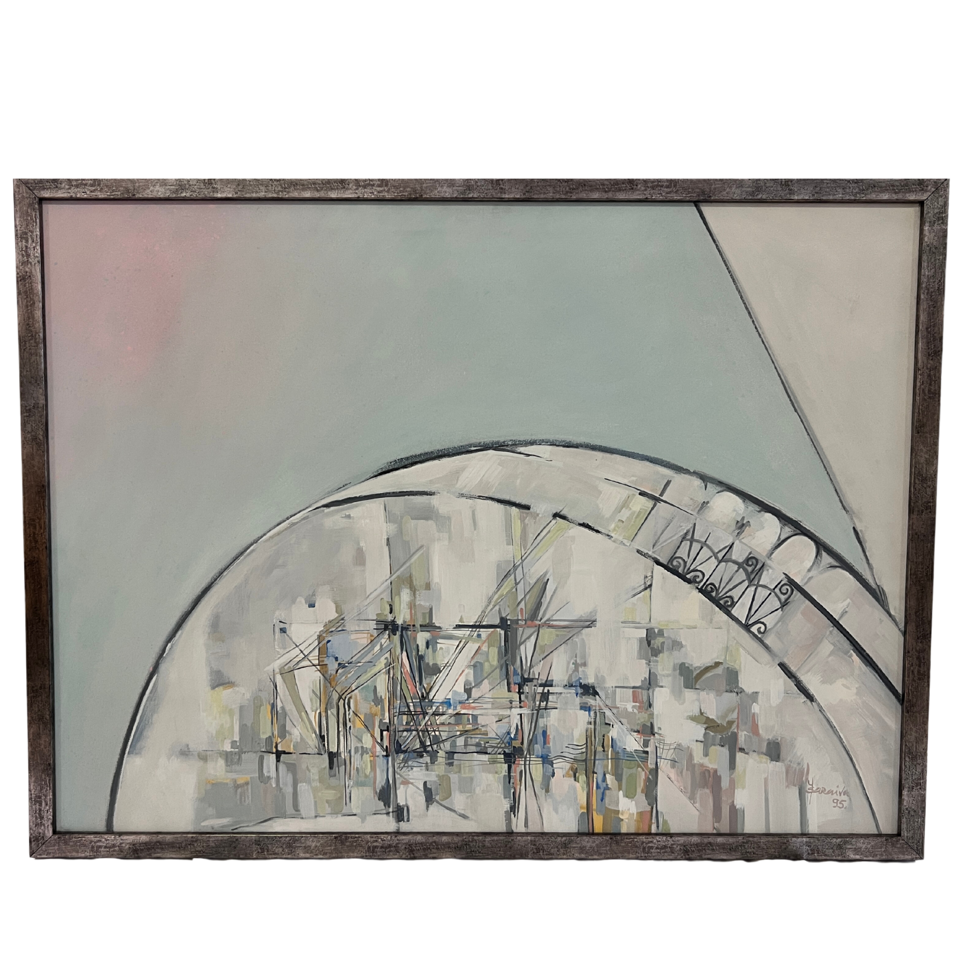 Quadro abstrato com formas geométricas e linhas finas em tons pastel, moldura de madeira escura