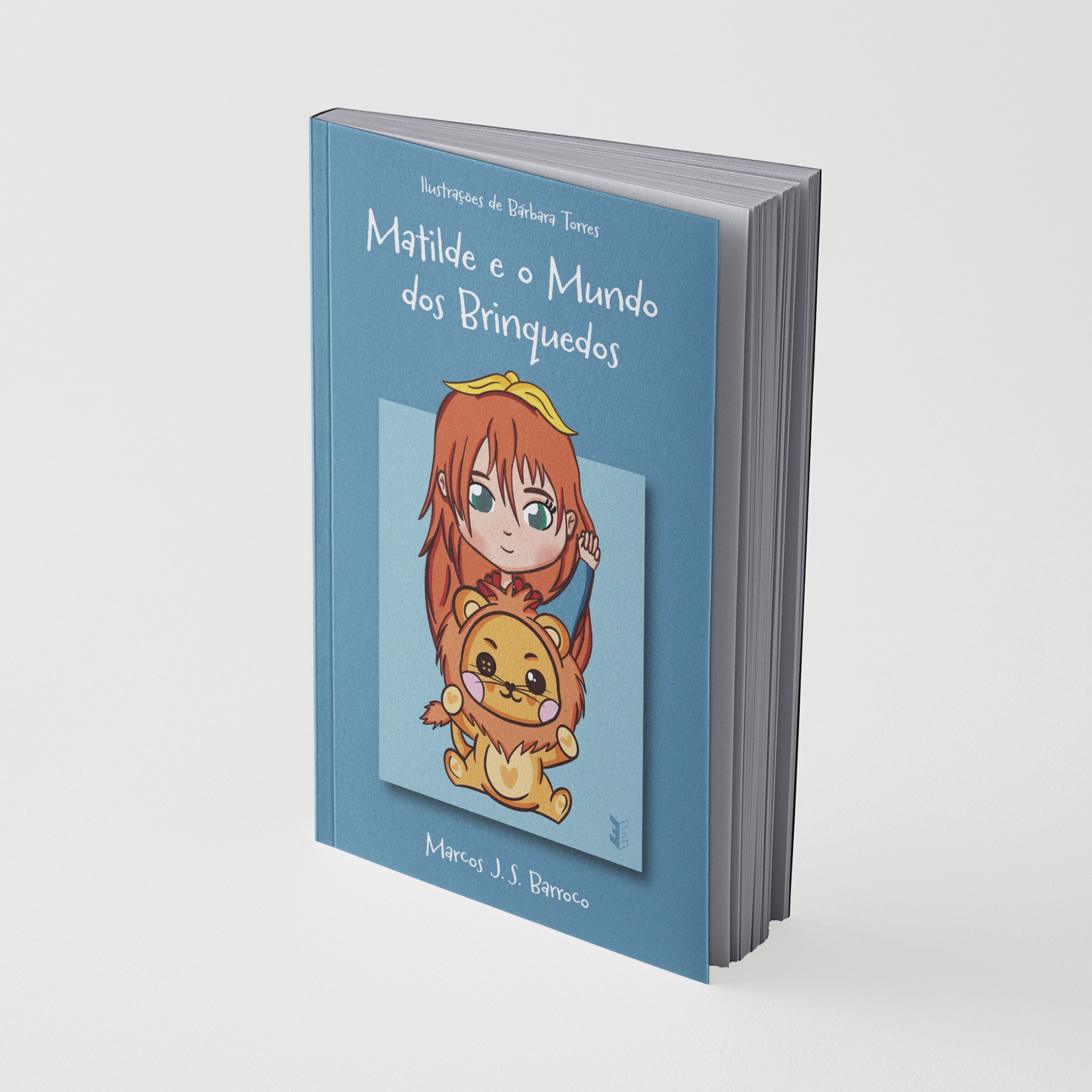 Livro infantil com capa azul e ilustração de menina e leão de peluche