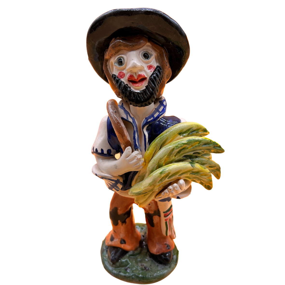 Estatueta de homem de cerâmica a segurar bananas