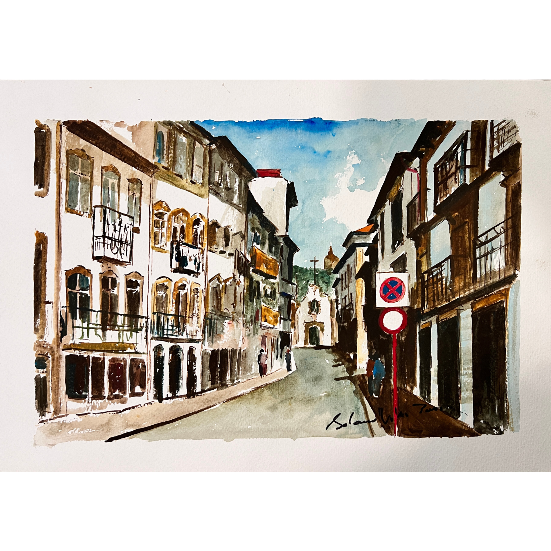 Pintura aguarelada de rua urbana com edifícios antigos e sinais de trânsito