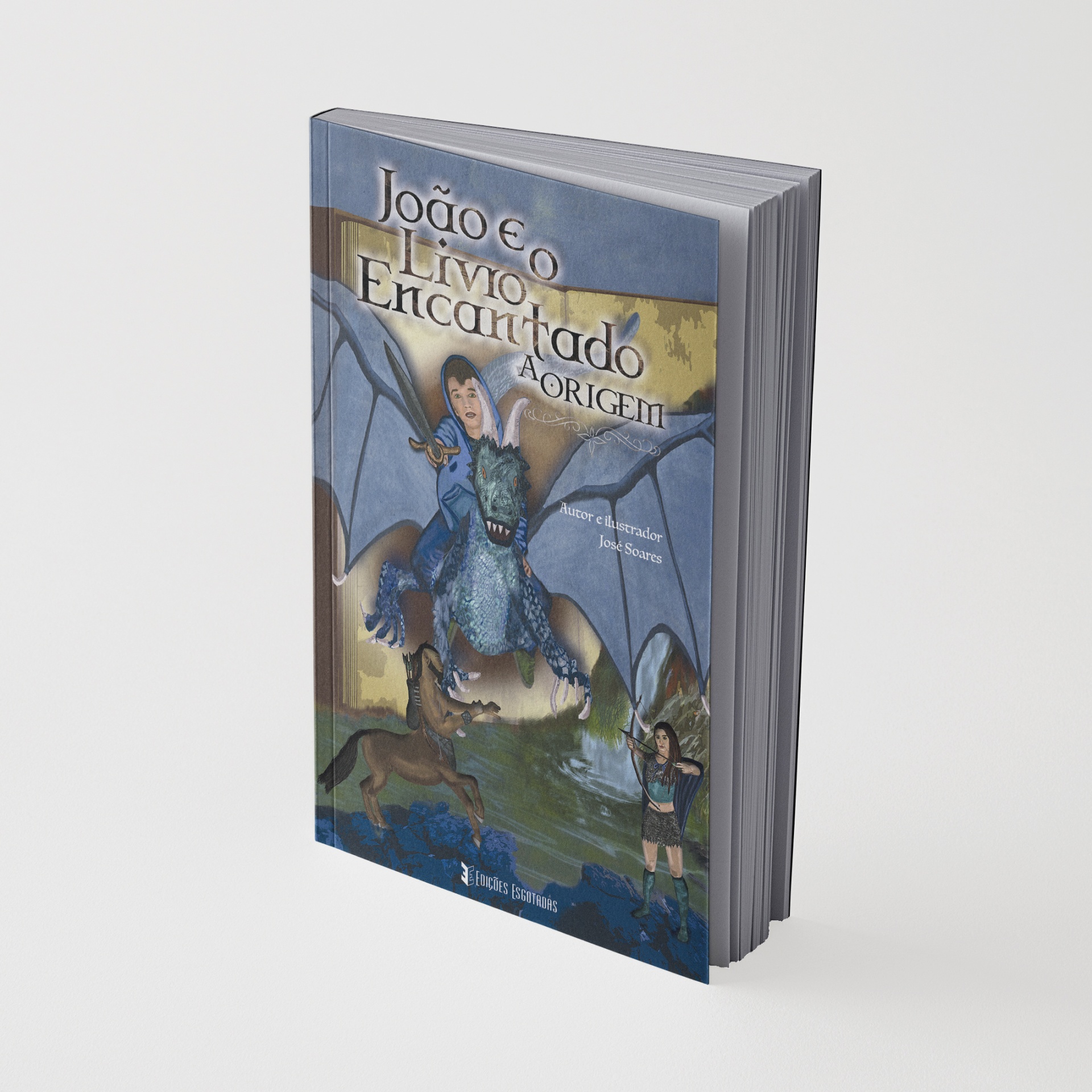 Capa de livro azul com ilustração de dragão e personagens em estilo de fantasia