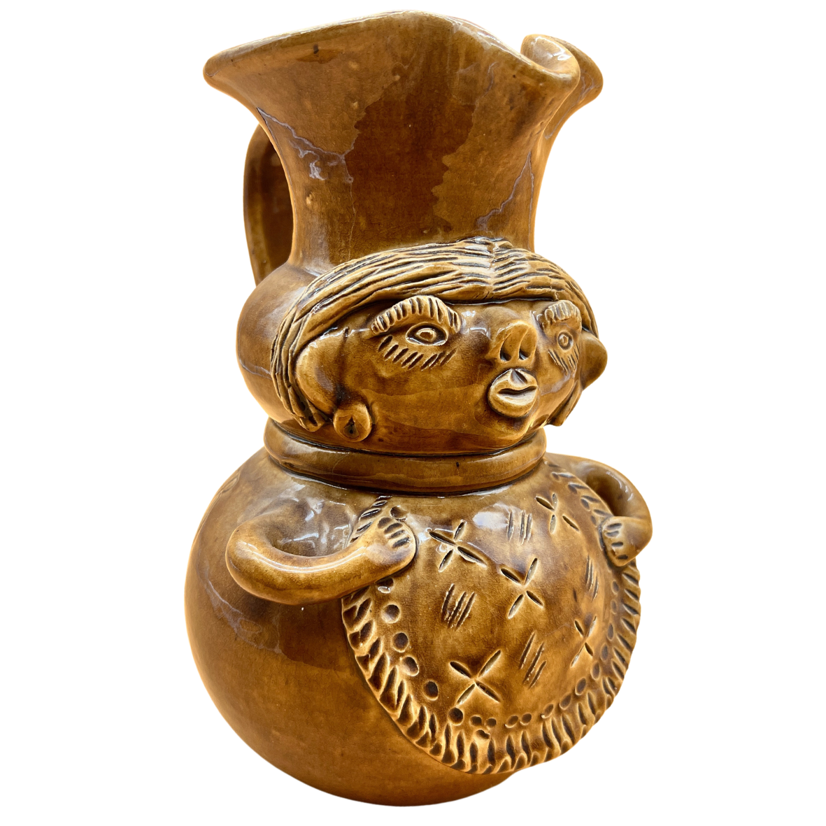 Jarro de cerâmica castanha com figura humana em relevo e alça