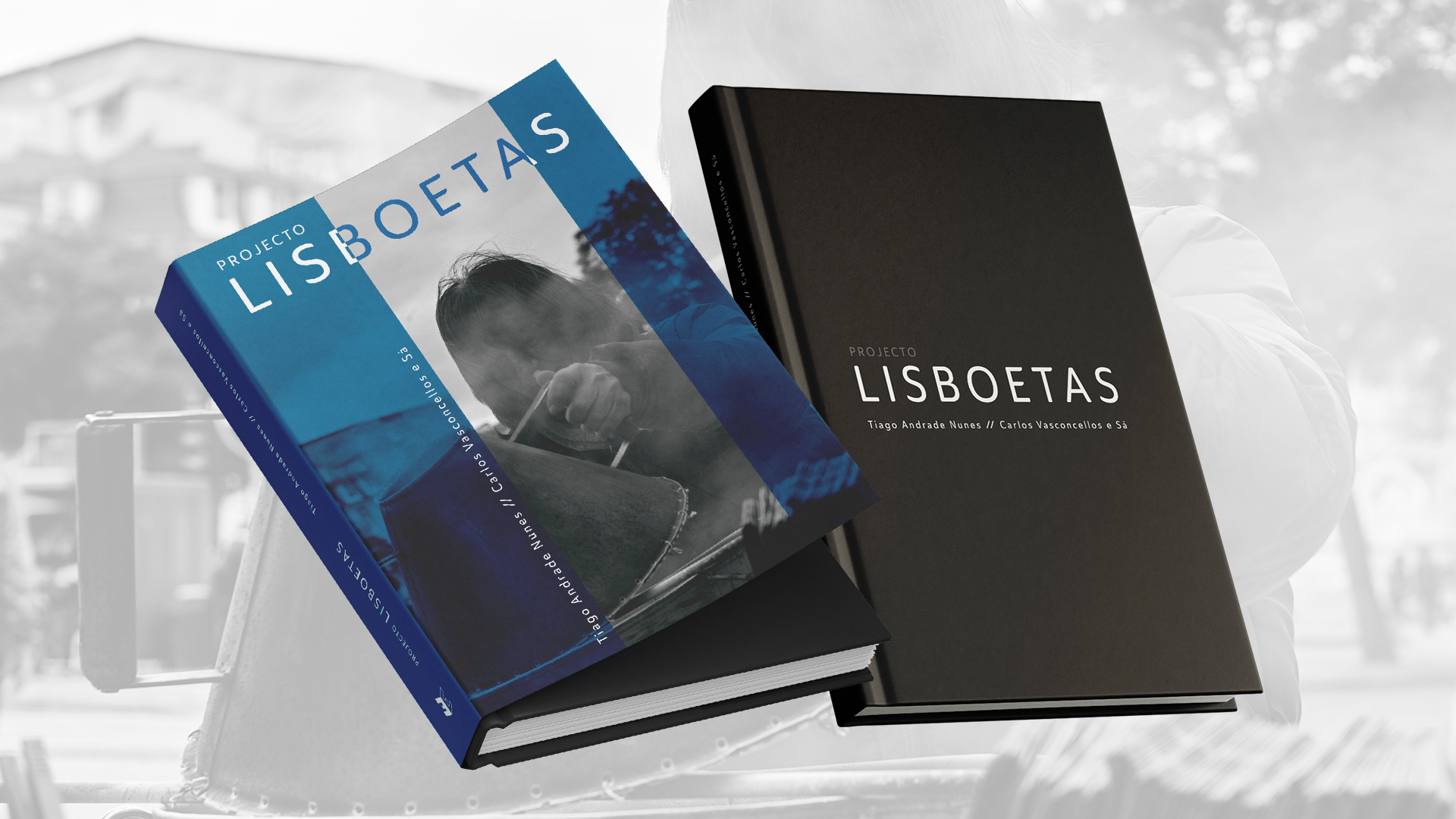 Dois livros, um azul e um preto, com títulos relacionados a Lisboetas.