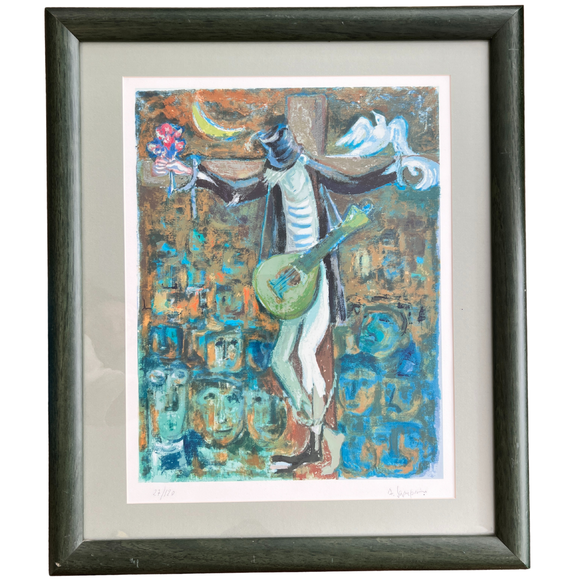 Quadro emoldurado com figura humana a tocar guitarra, pomba e lua em fundo colorido