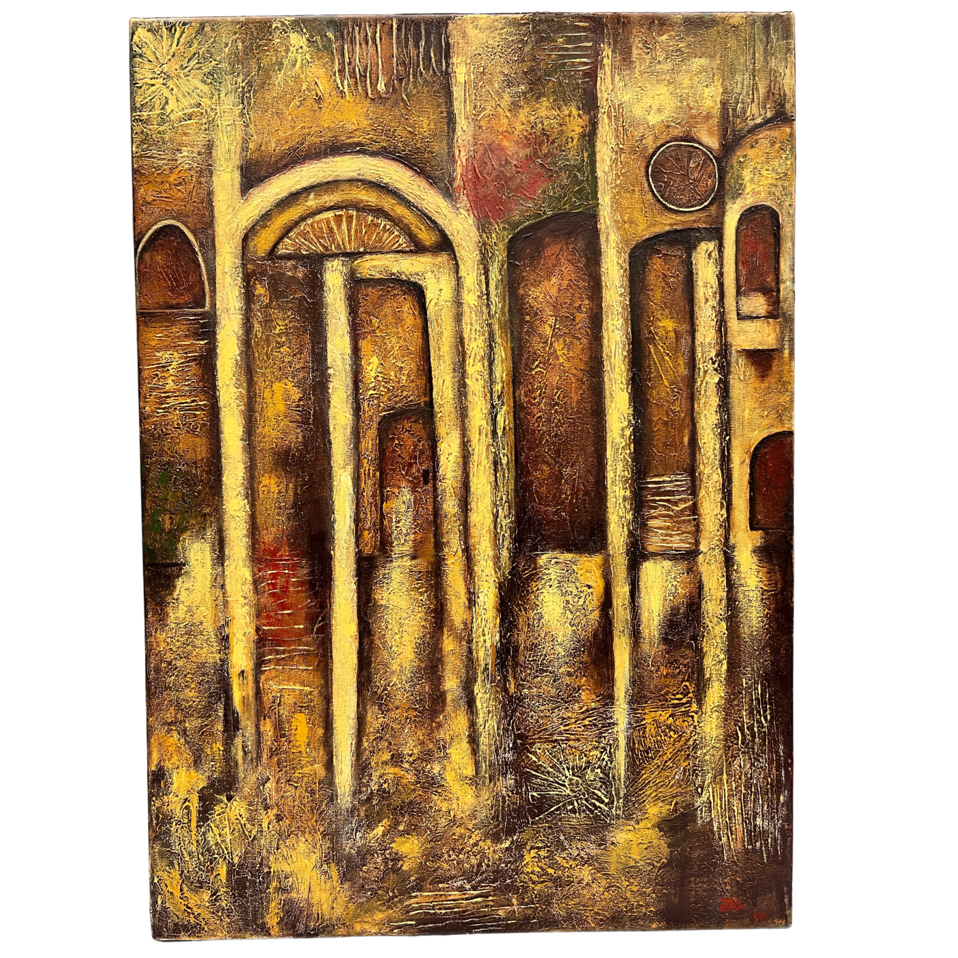 Pintura abstrata com formas arquitetónicas e texturas em tons amarelos e castanhos