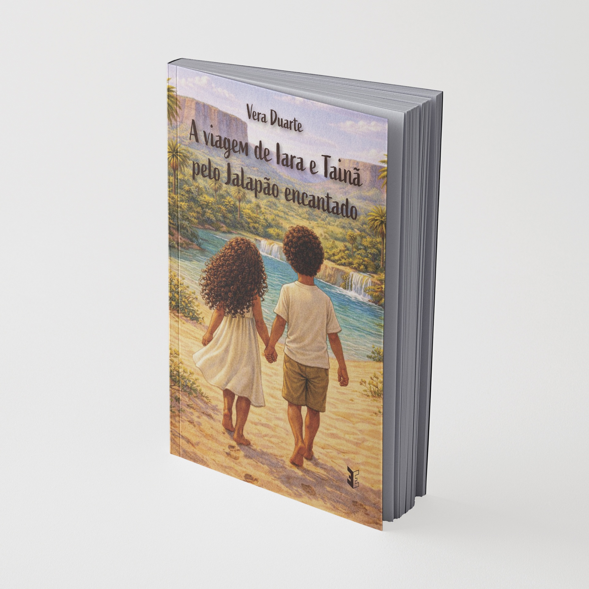 Livro A viagem de Iara e Tainã pelo Jalapão encantado com ilustração de duas crianças na praia e paisagem natural