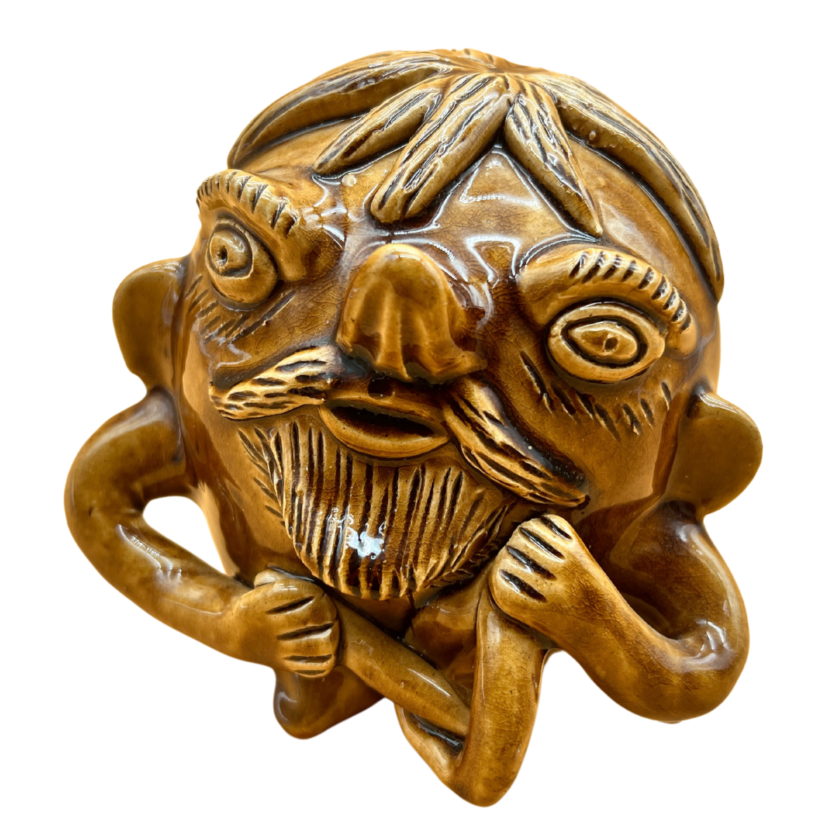 Escultura cerâmica castanha de figura humana com barba e cabelo estilizado