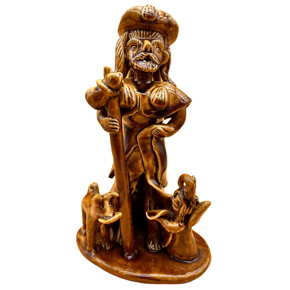 Estátua cerâmica castanha com figura humana e animais