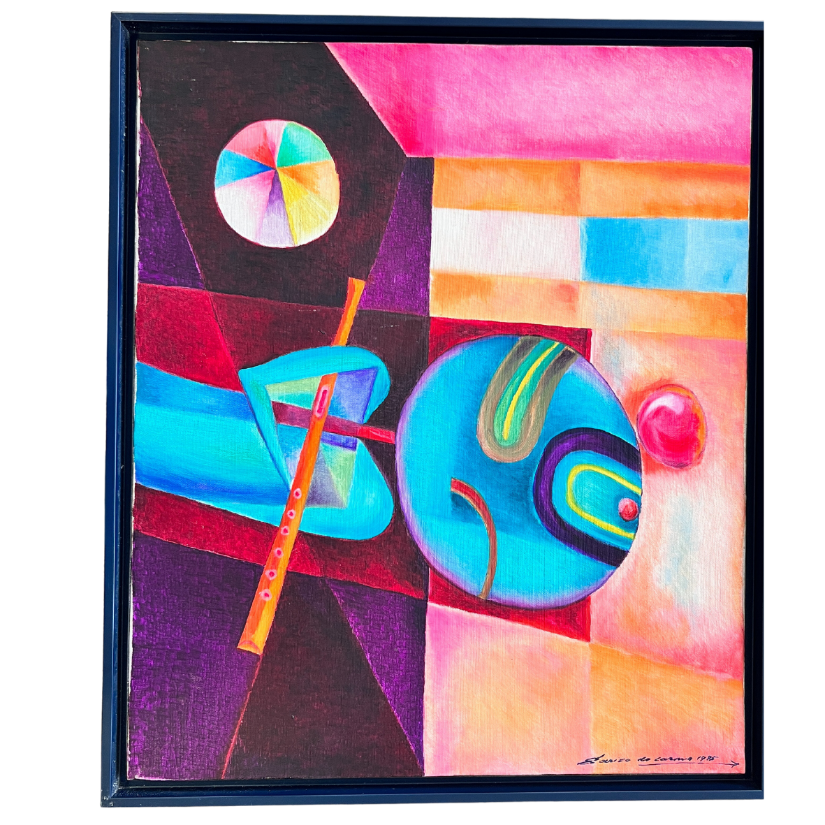 Quadro abstrato colorido com formas geométricas e assinatura