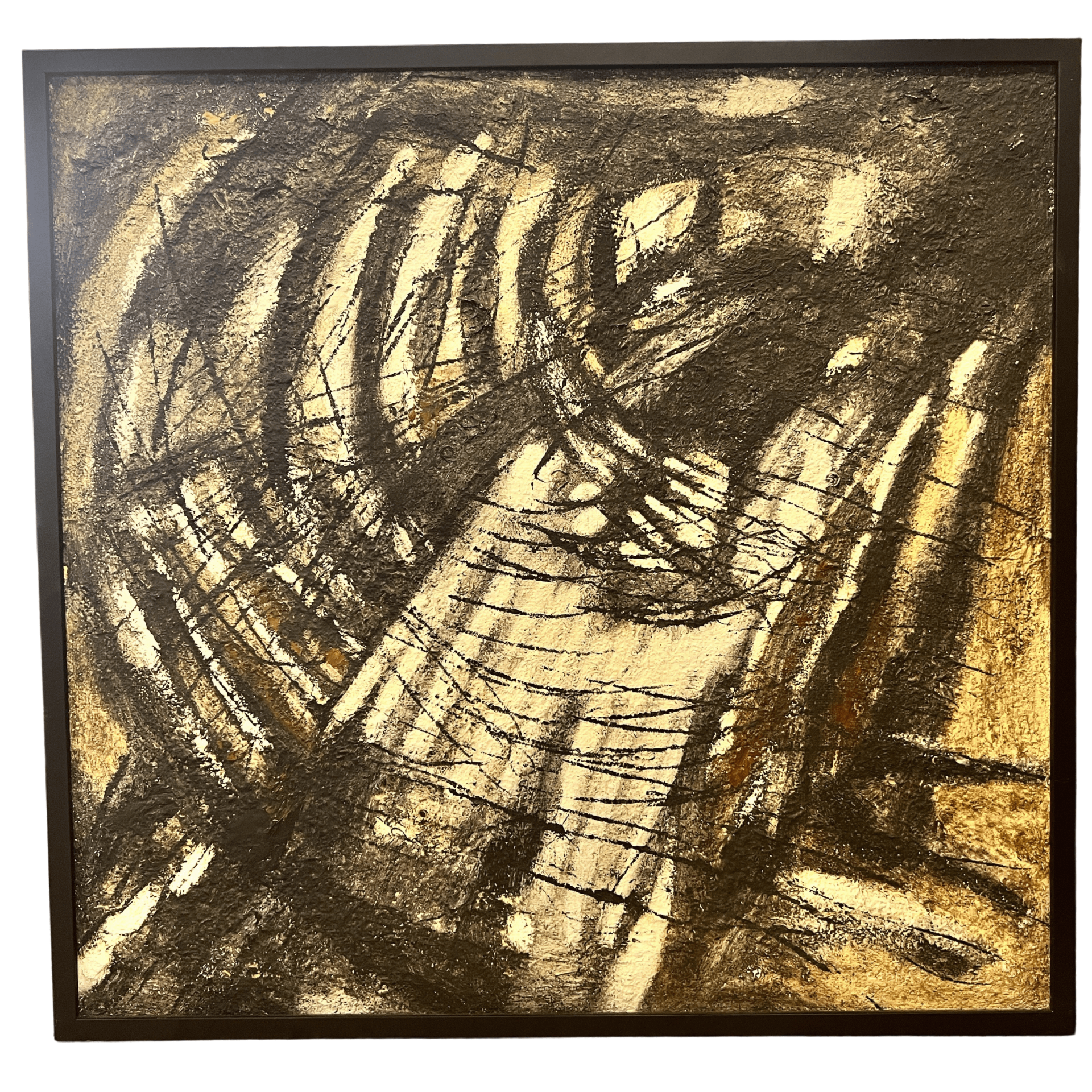 Quadro abstrato com textura rugosa em preto e dourado, com linhas curvas e retas