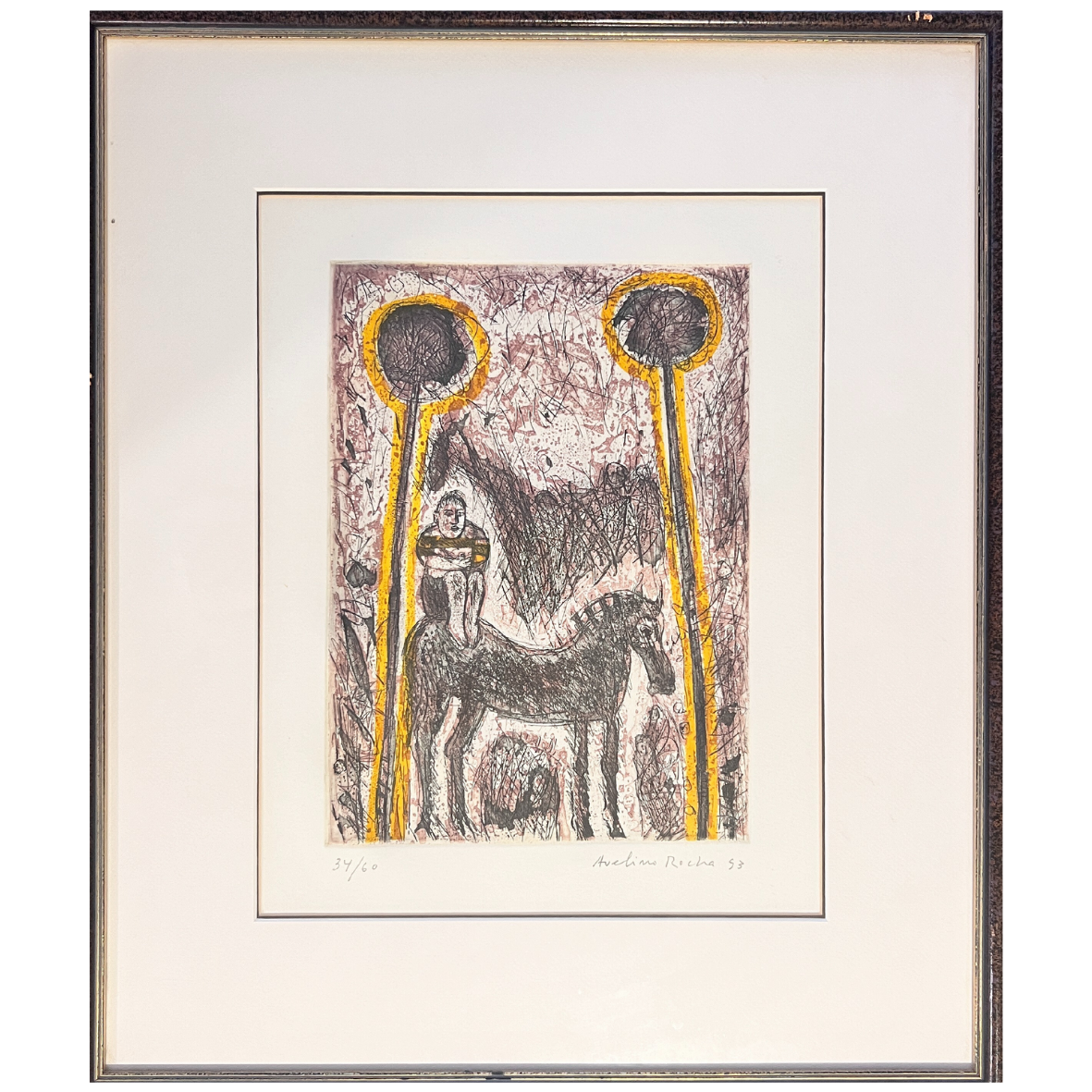 Quadro emoldurado com gravura colorida de homem no cavalo e formas circulares amarelas e pretas