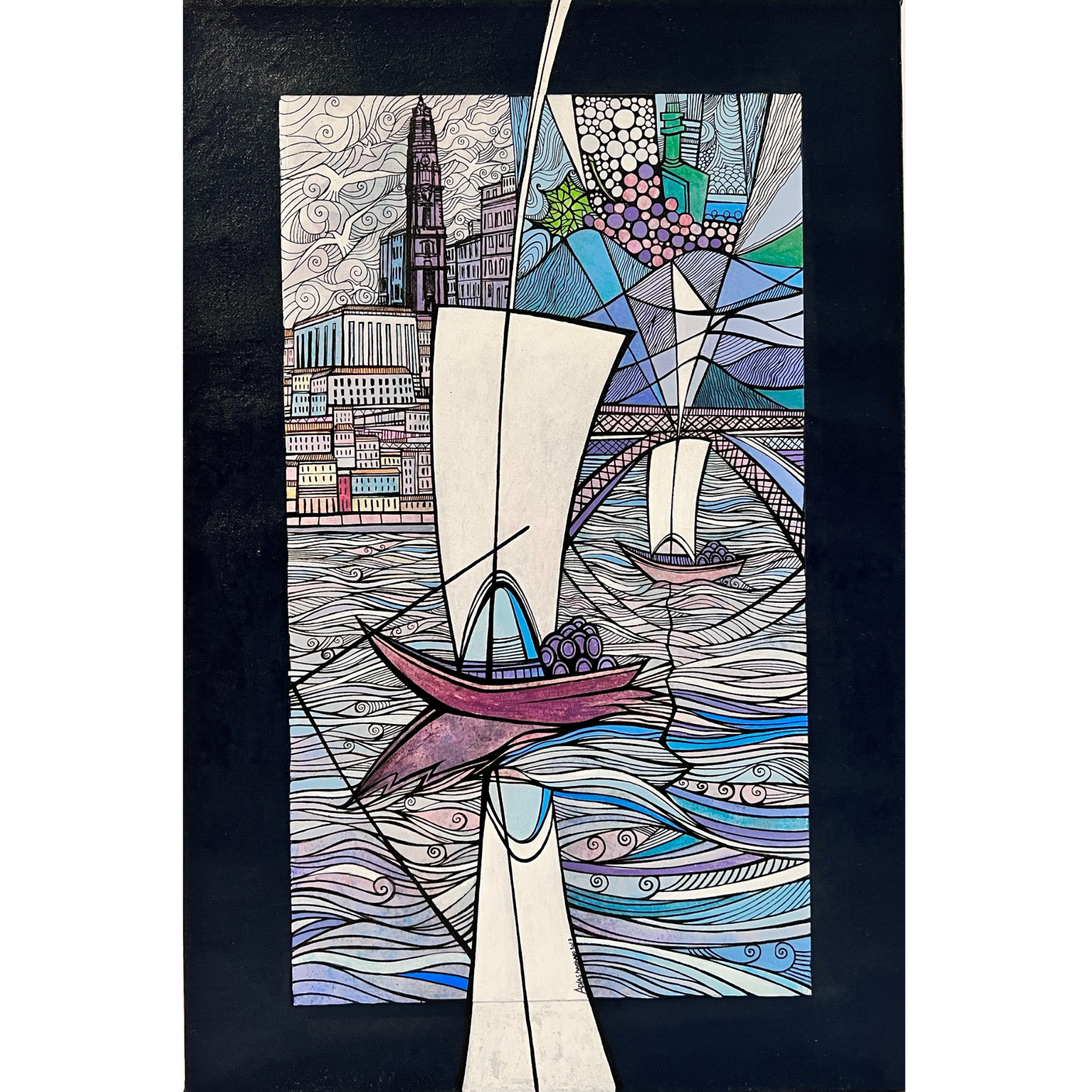 Arte colorida de barco à vela e paisagem urbana com padrões geométricos