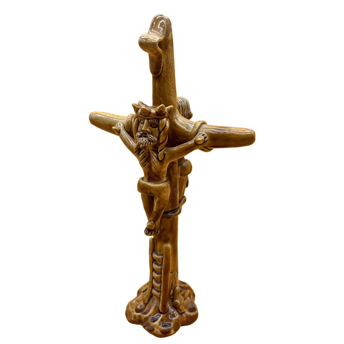 Escultura em madeira de cruz com figura híbrida homem-animal e pônei