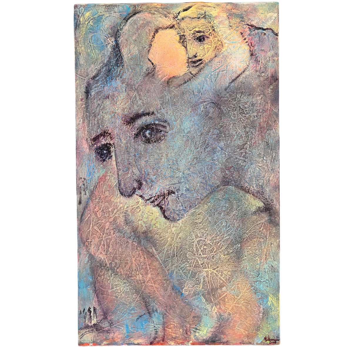 Quadro abstrato com duas faces humanas e fundo multicolorido texturizado