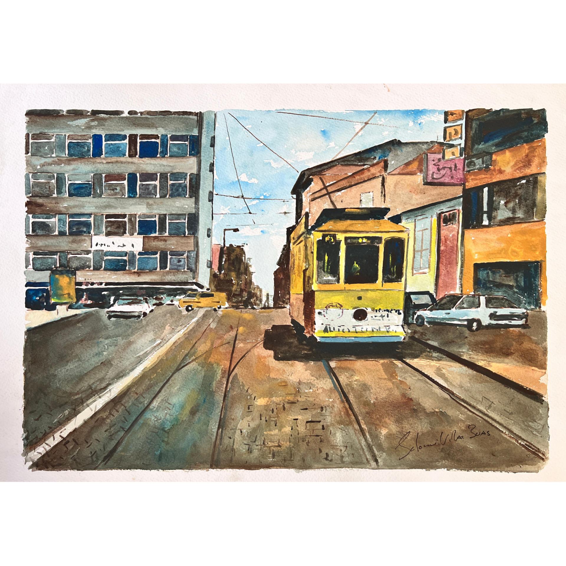 Pintura em aquarela de rua urbana com eléctrico amarelo e edifícios coloridos