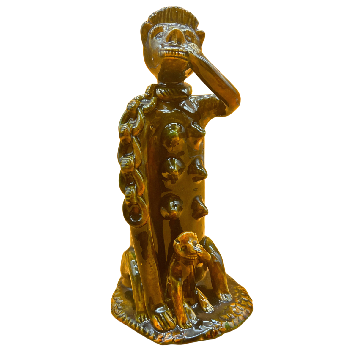 Estatueta de cerâmica castanha brilhante com figura humana e pequena figura ajoelhada