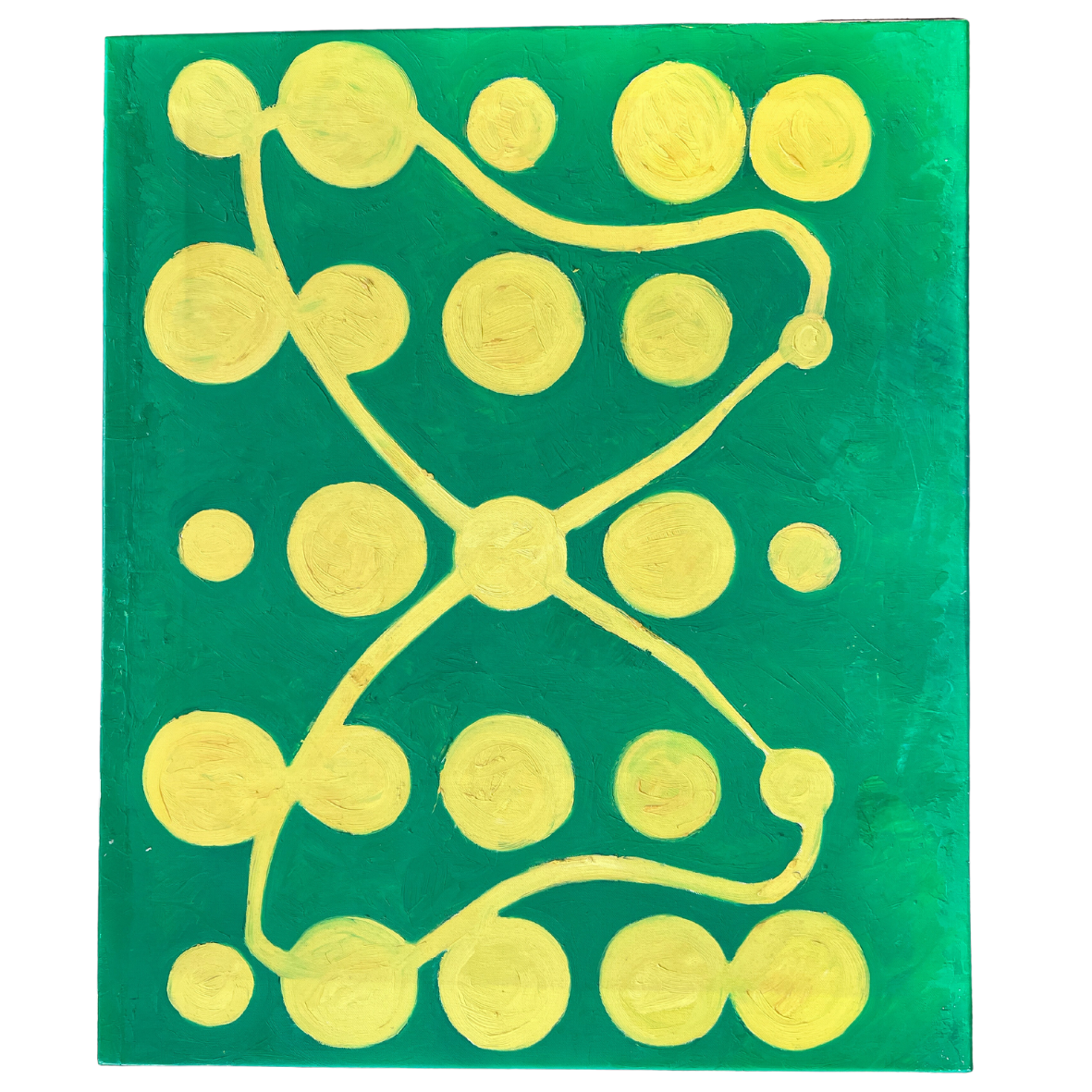 Pintura abstrata com círculos amarelos em fundo verde e linhas onduladas amarelas.