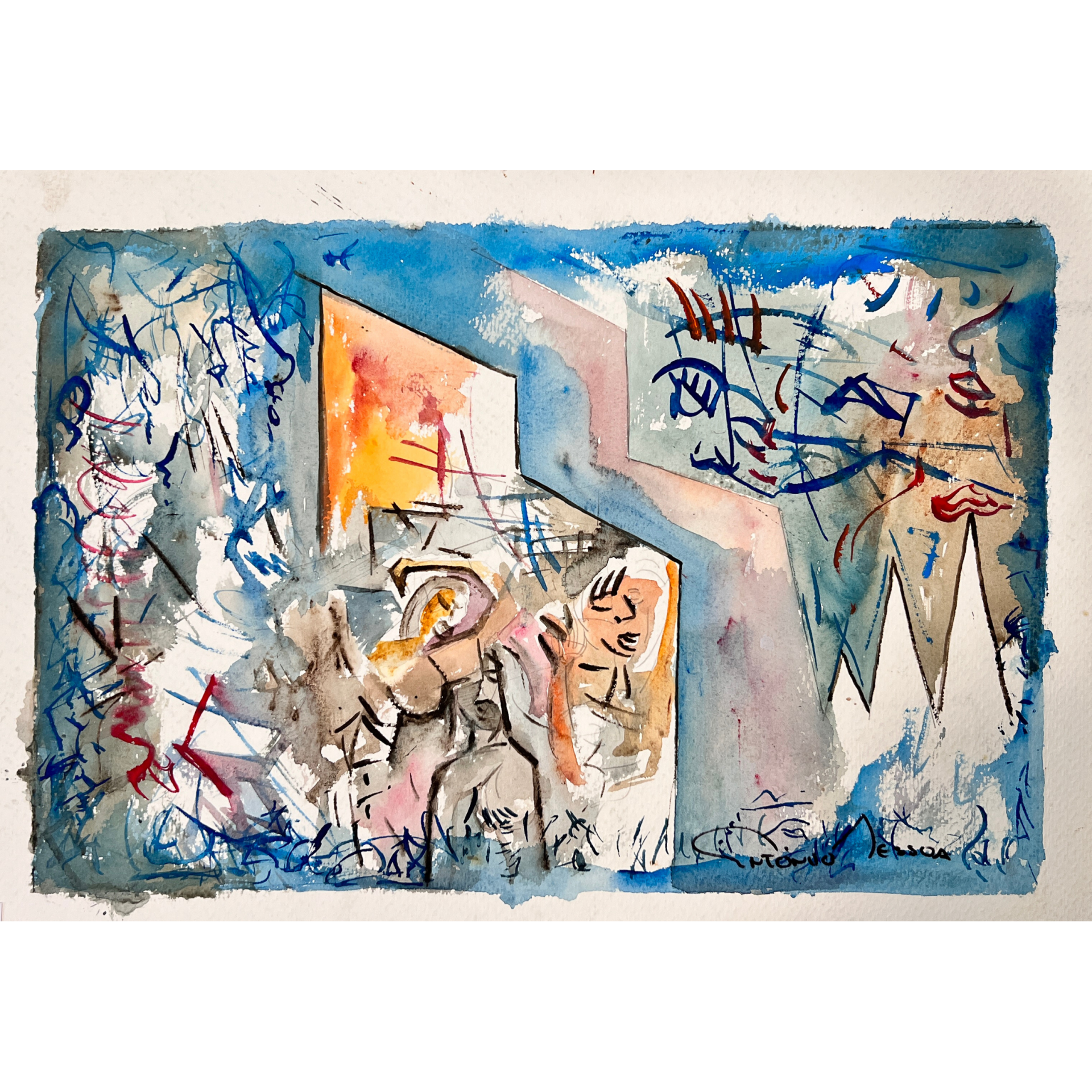 Pintura abstrata colorida em aquarela com formas geométricas e linhas