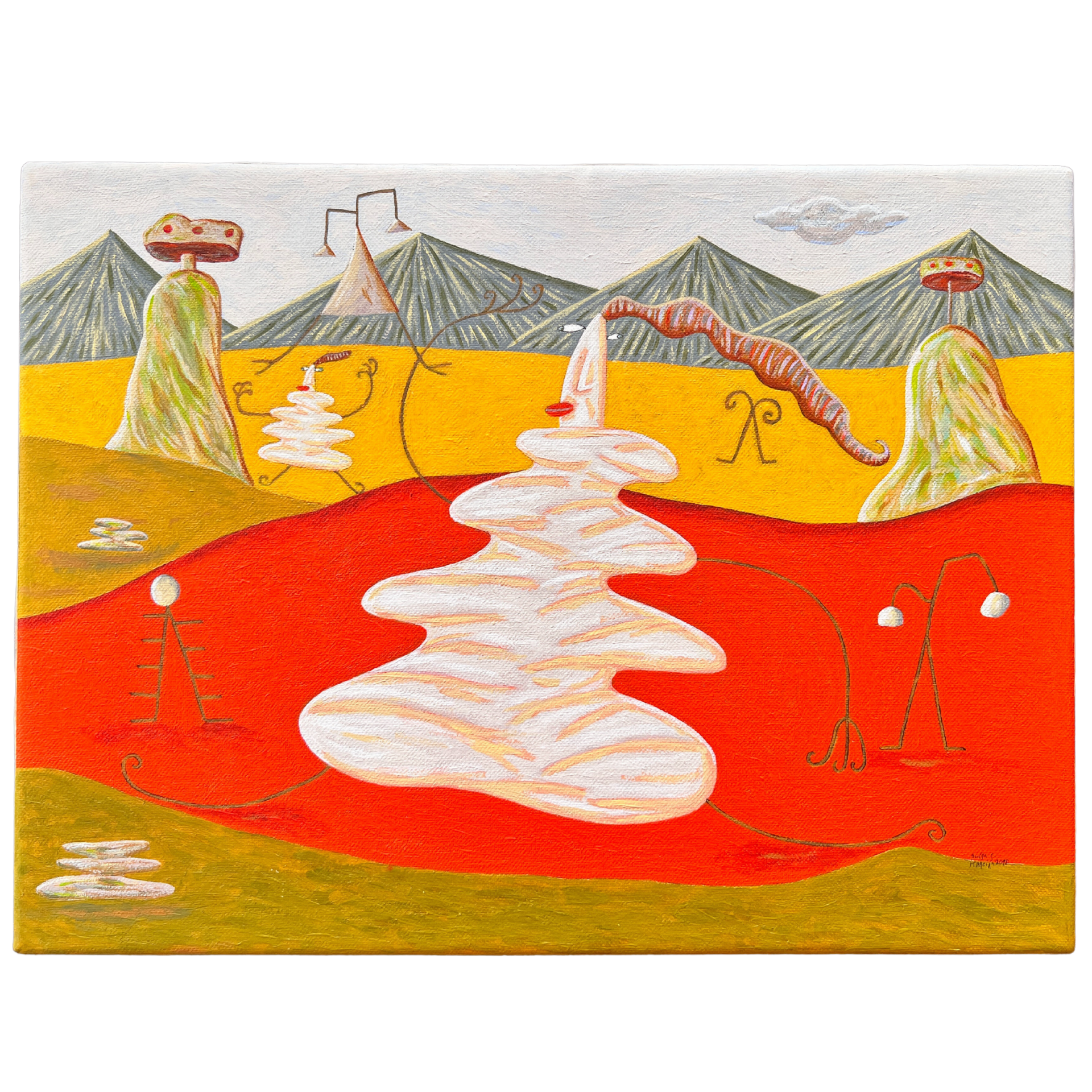 Pintura abstrata colorida com formas ondulantes e montanhas triangulares ao fundo