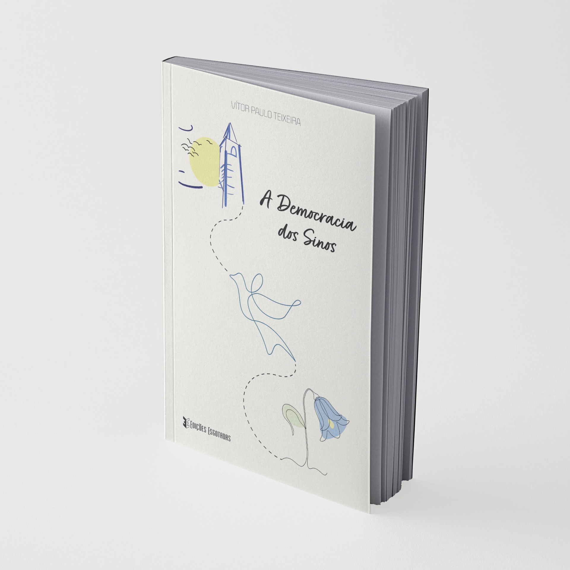 Livro A Democracia dos Sinos com capa branca e ilustrações minimalistas